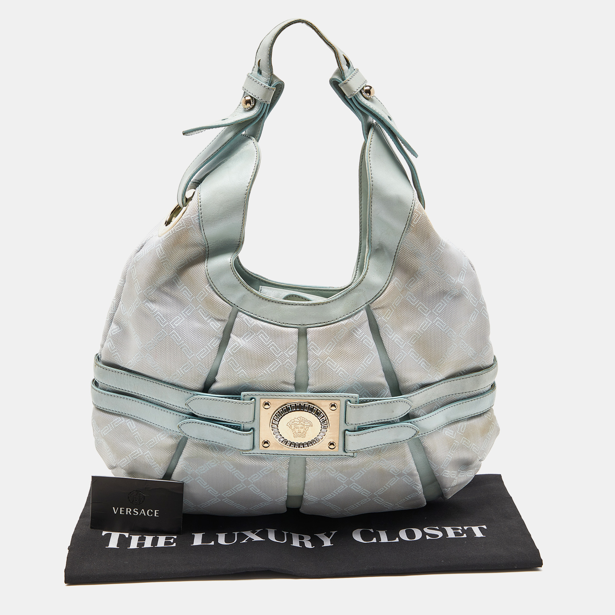 Versace Ice Blue Signature Nylon And Leather Hobo