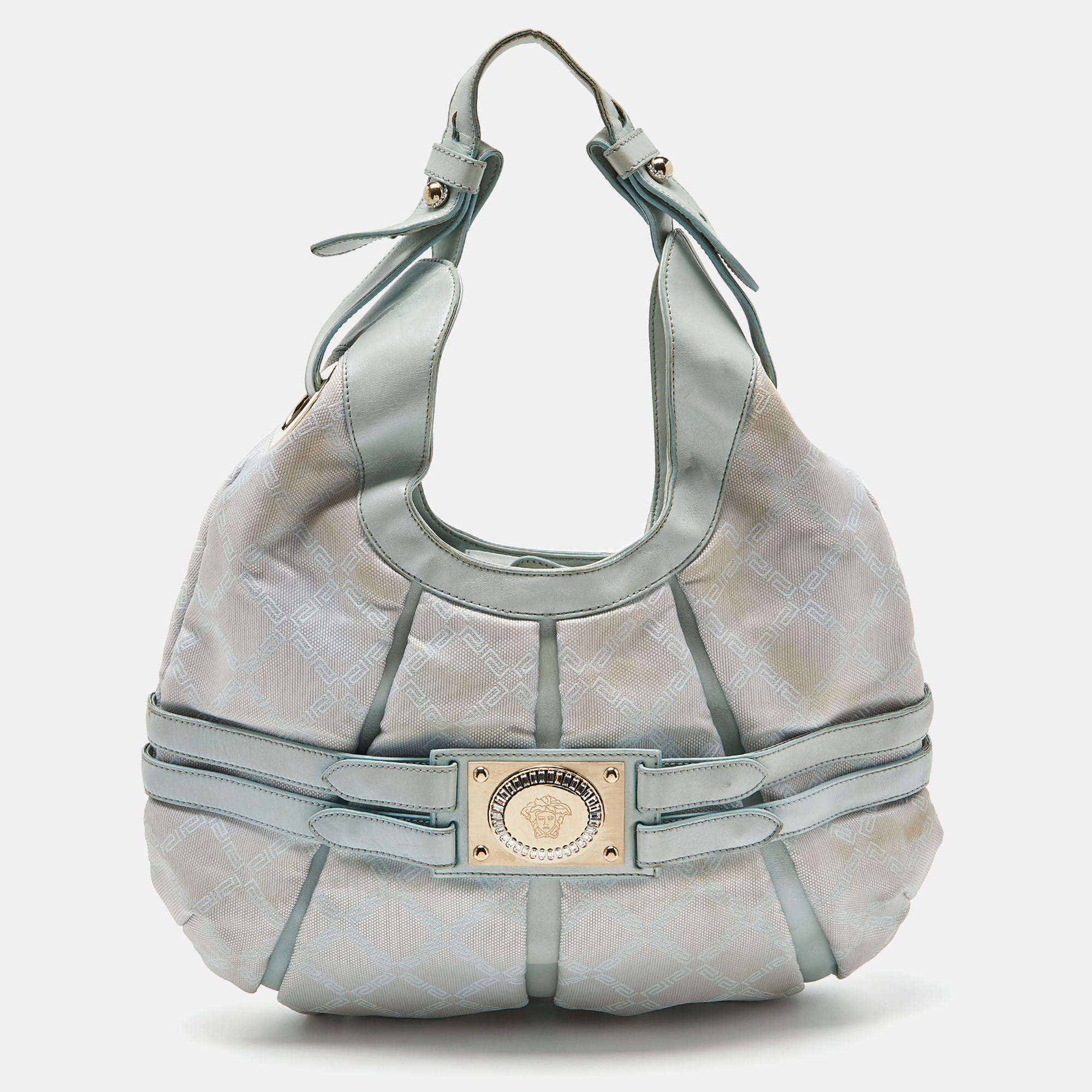 Versace ice blue signature nylon and leather hobo