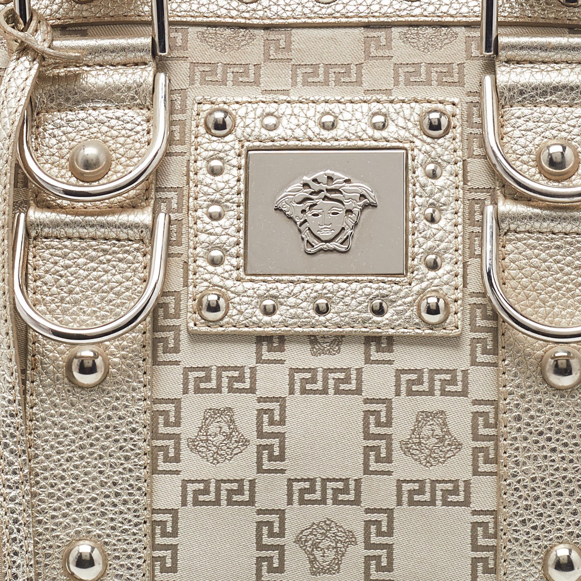 Versace Metallic Gold/Beige Signature Fabric And Leather Snap Out Of It Satchel