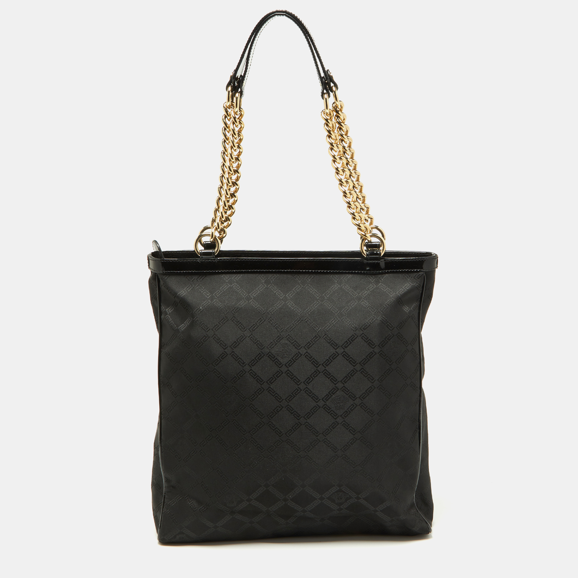 Versace Black Signature Fabric And Patent Leather Shopper Chain Tote