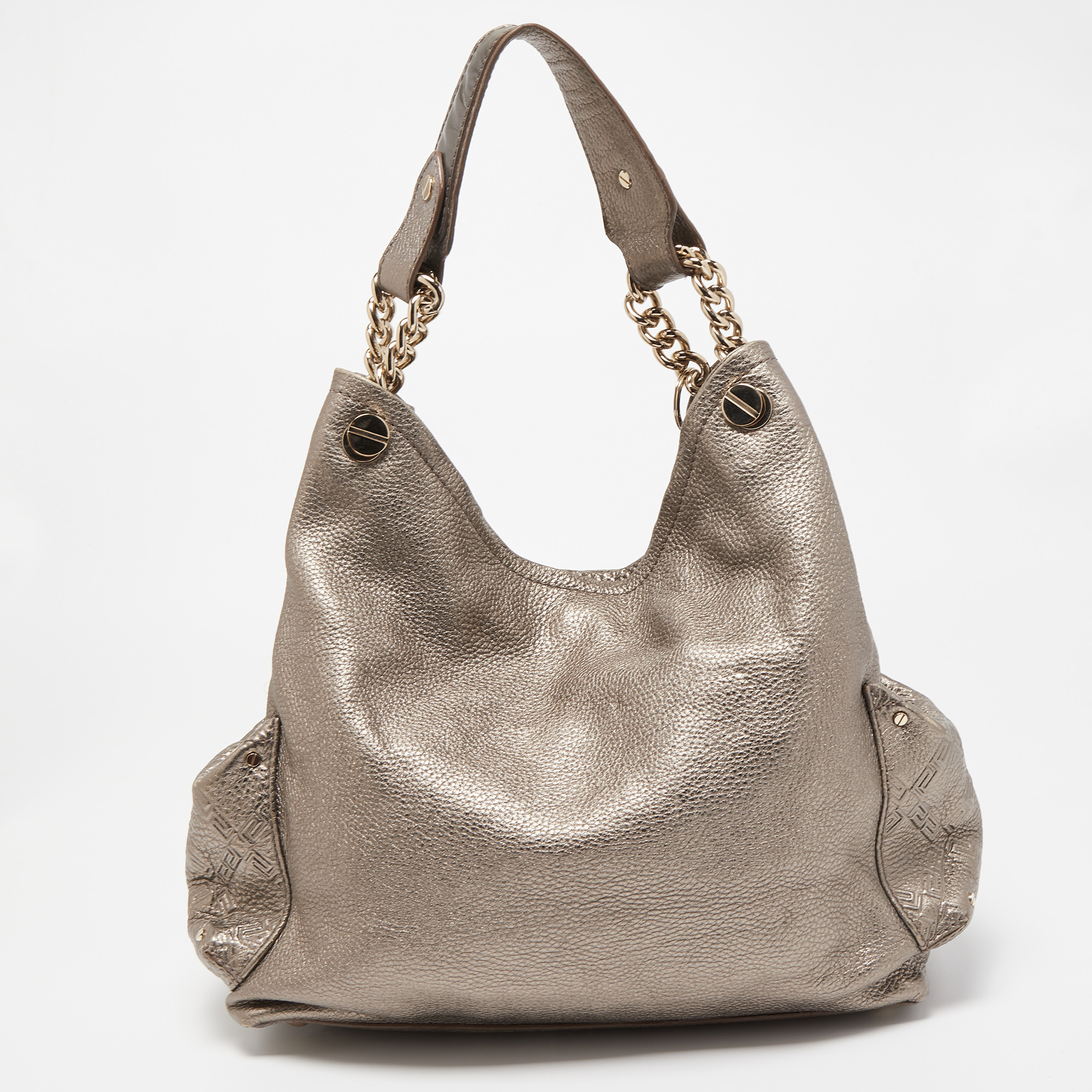 Versace Metallic Embossed Leather Front Pocket Shoulder Bag