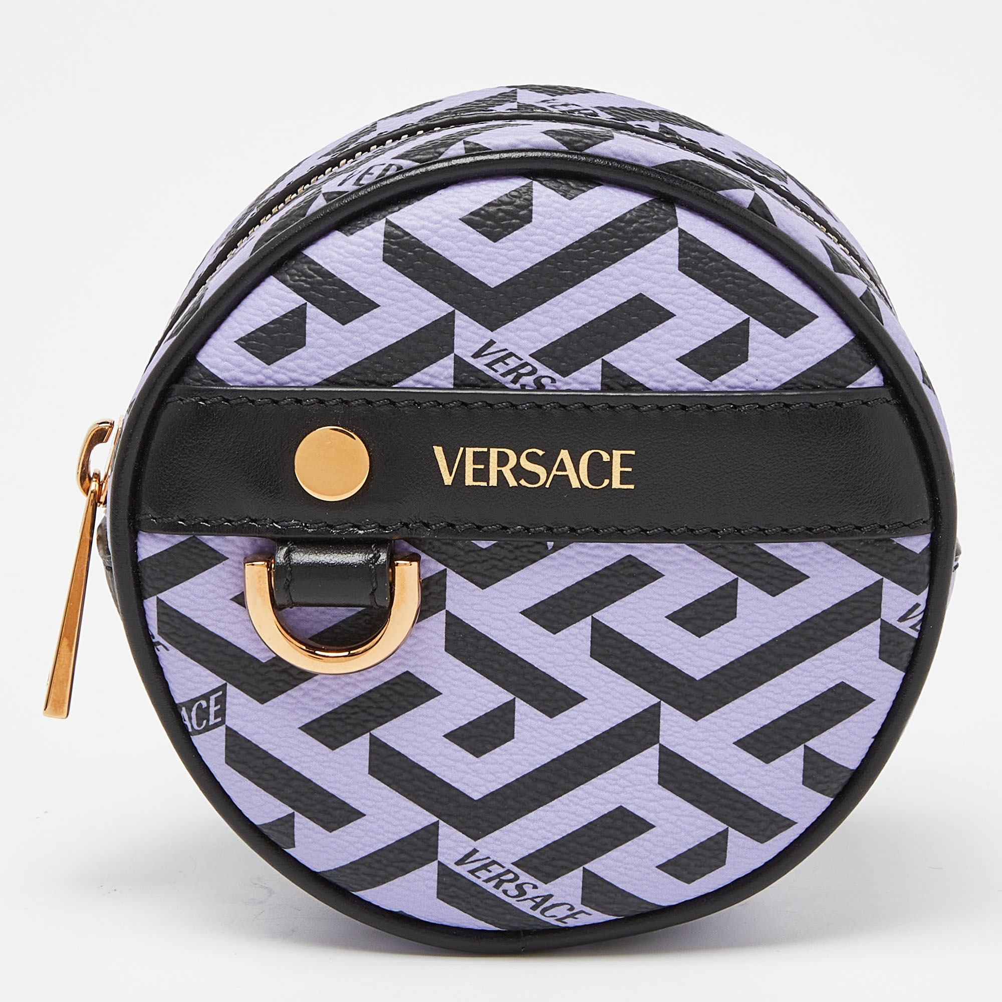 Versace purple/black la greca coated canvas and leather round zip pouch