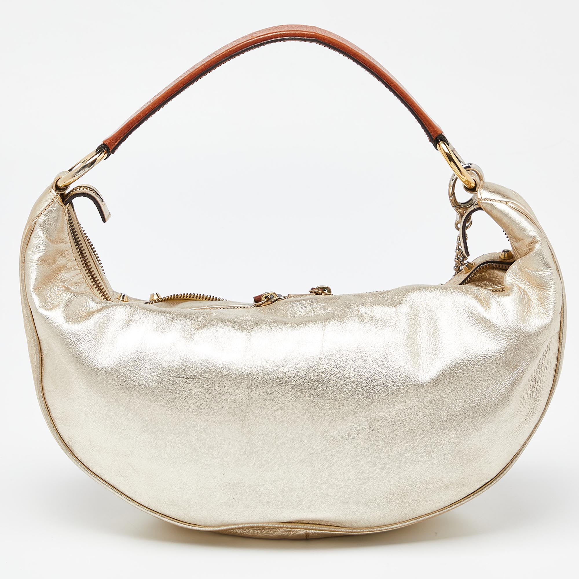 Versace Gold/Brown Leather Studded Front Pocket Bag