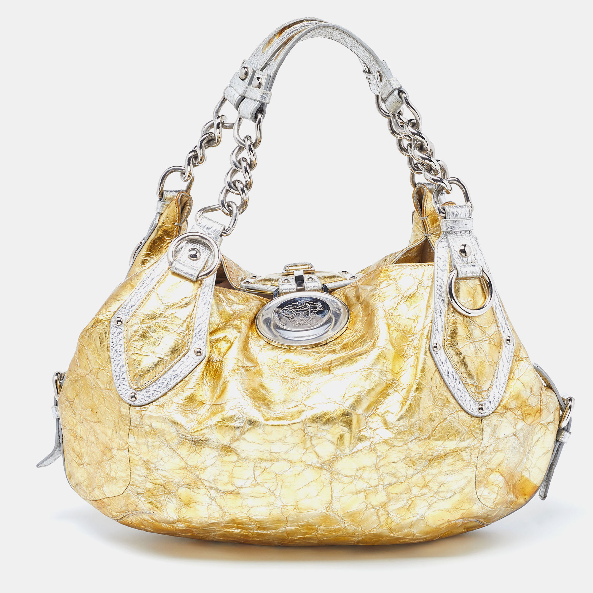 Versace yellow/silver crinkled hologram patent leather medusa flap hobo