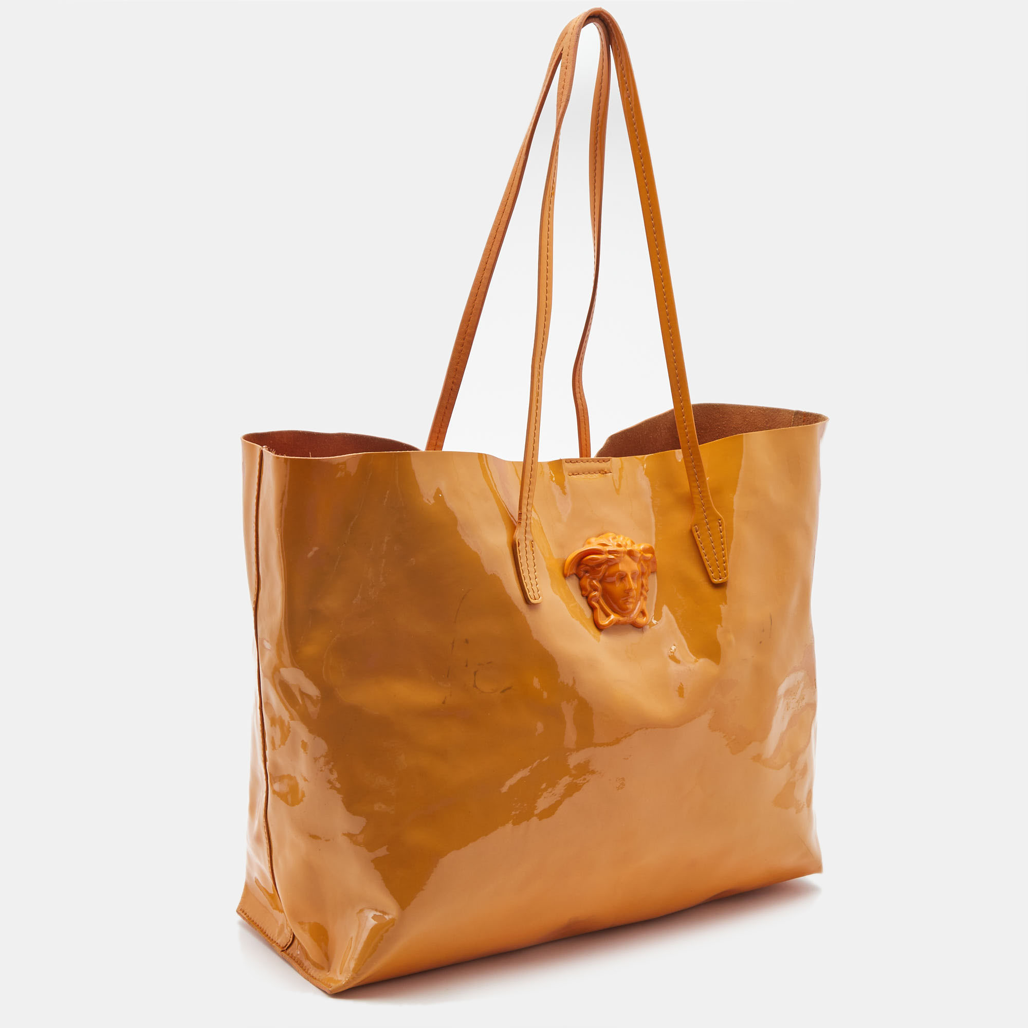Versace Orange Patent Leather Medusa Icon Shopper Tote