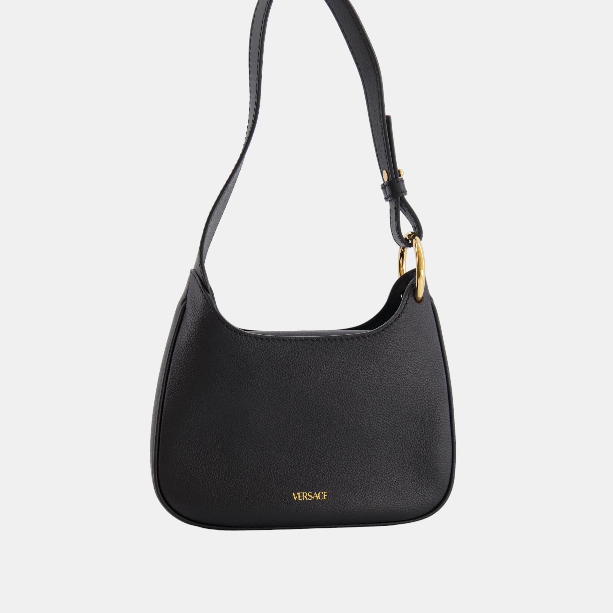 Versace Black Leather La Medusa Mini Hobo Bag With Gold Hardware