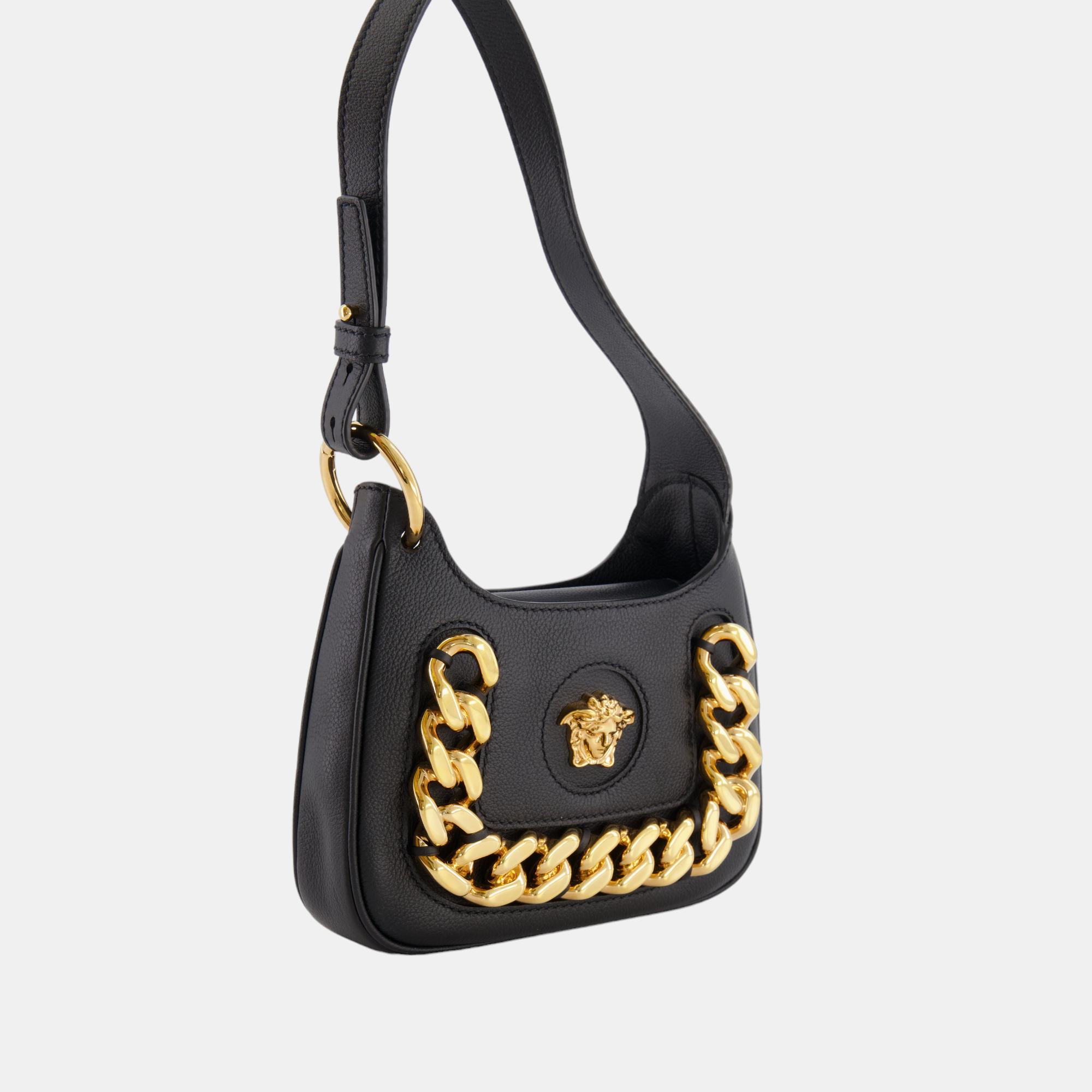Versace Black Leather La Medusa Mini Hobo Bag With Gold Hardware