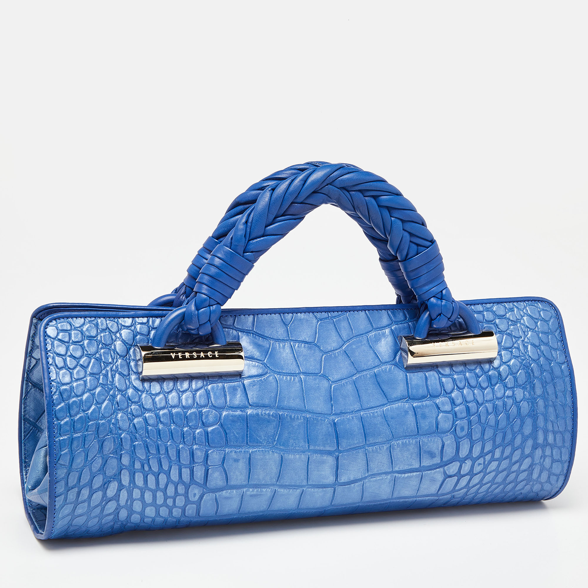Versace Metallic Blue Croc Embossed Leather Frame Satchel