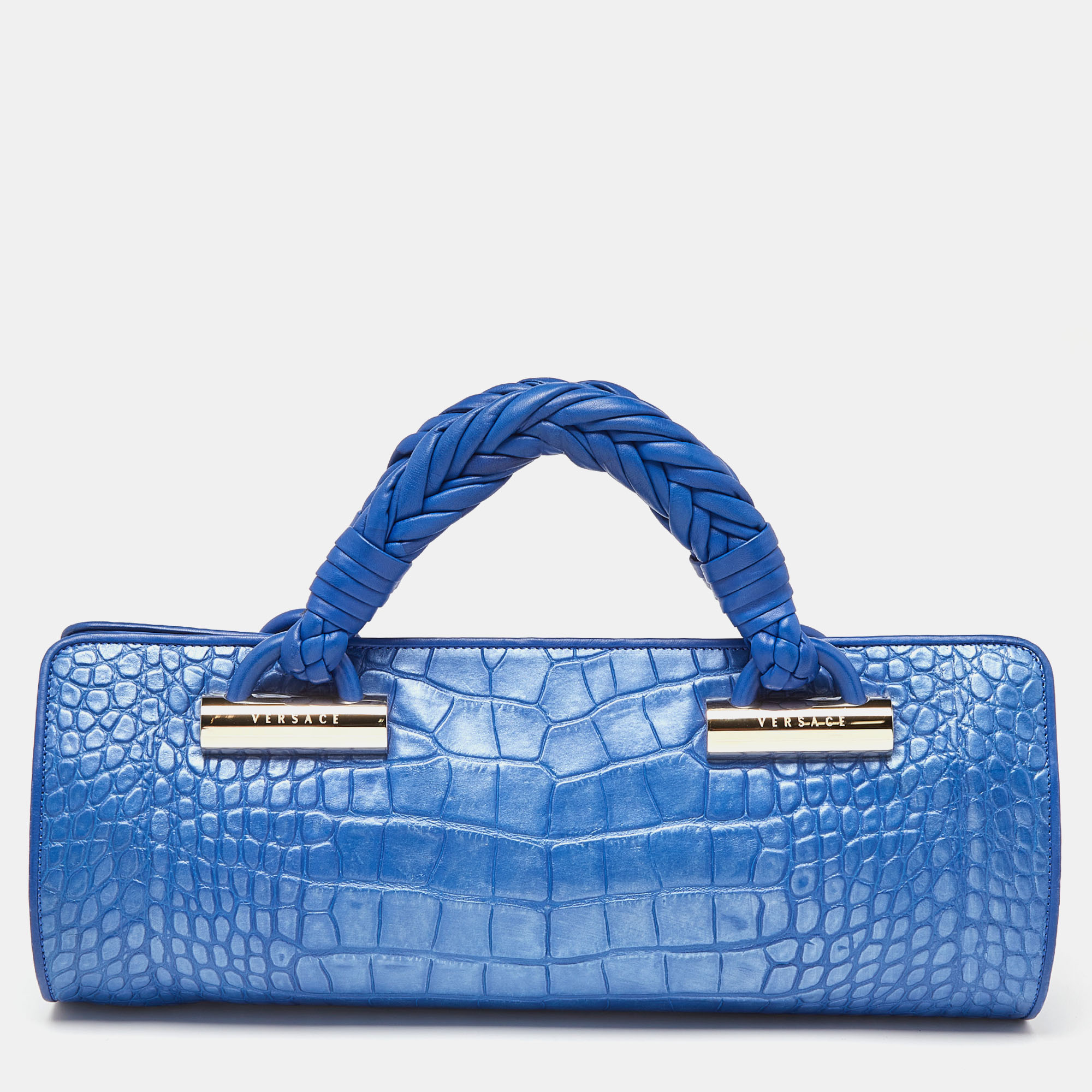 Versace Metallic Blue Croc Embossed Leather Frame Satchel