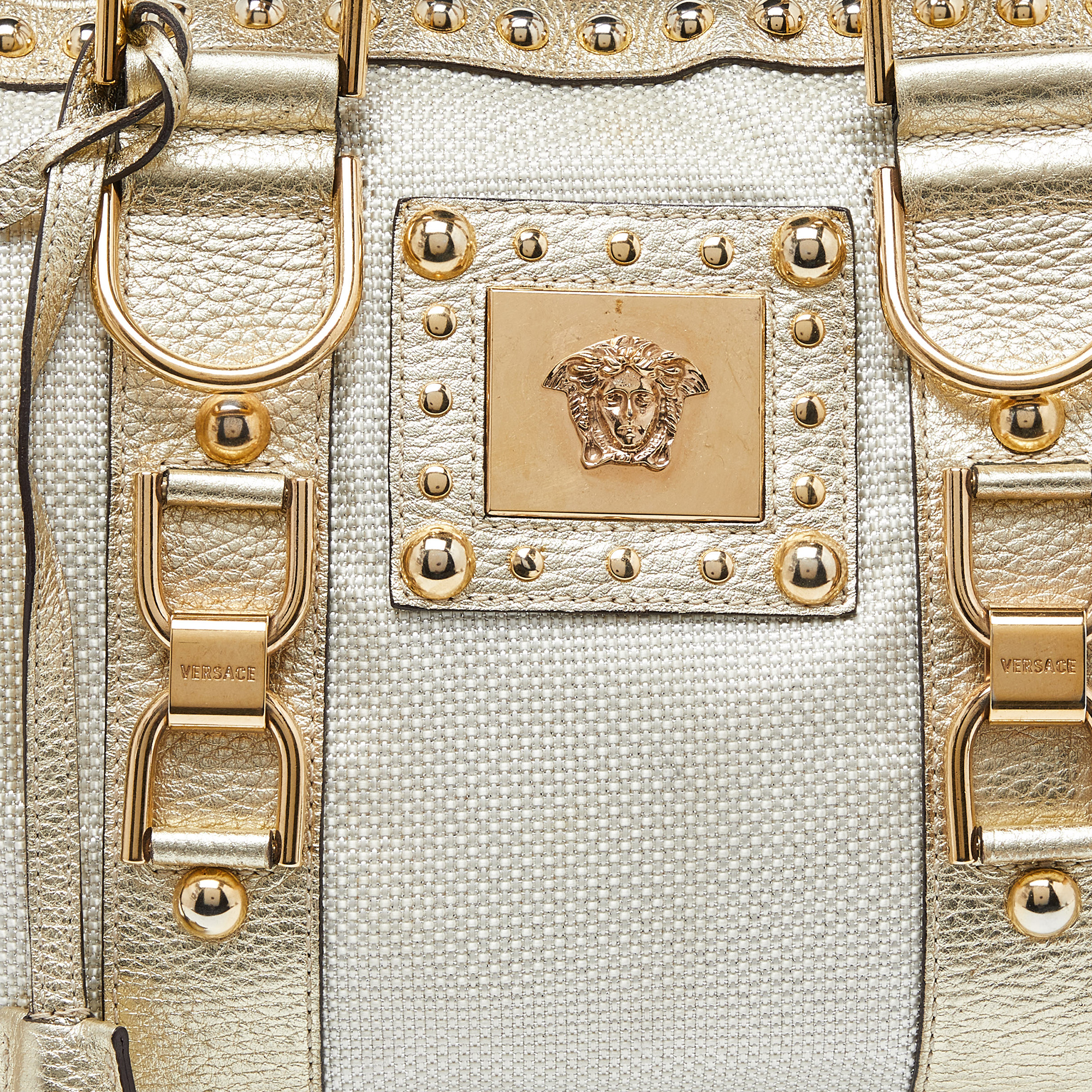 Versace Beige/Gold Nylon And Leather Studded Madonna Satchel