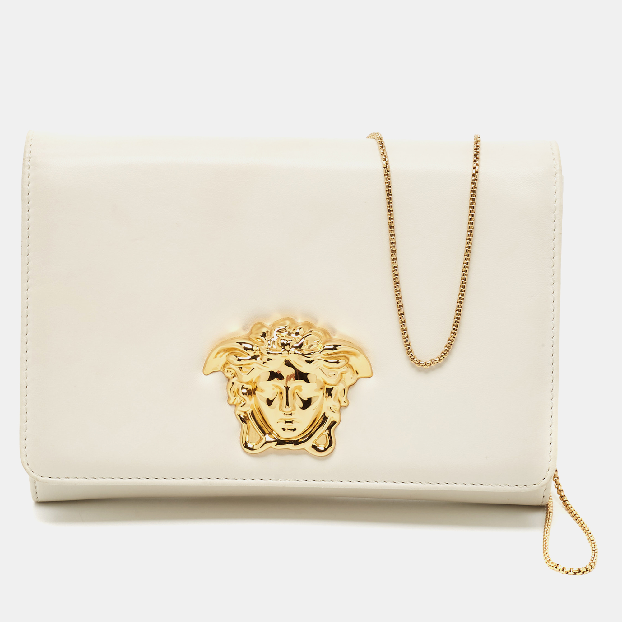 Versace Off White Leather Medusa Chain Clutch