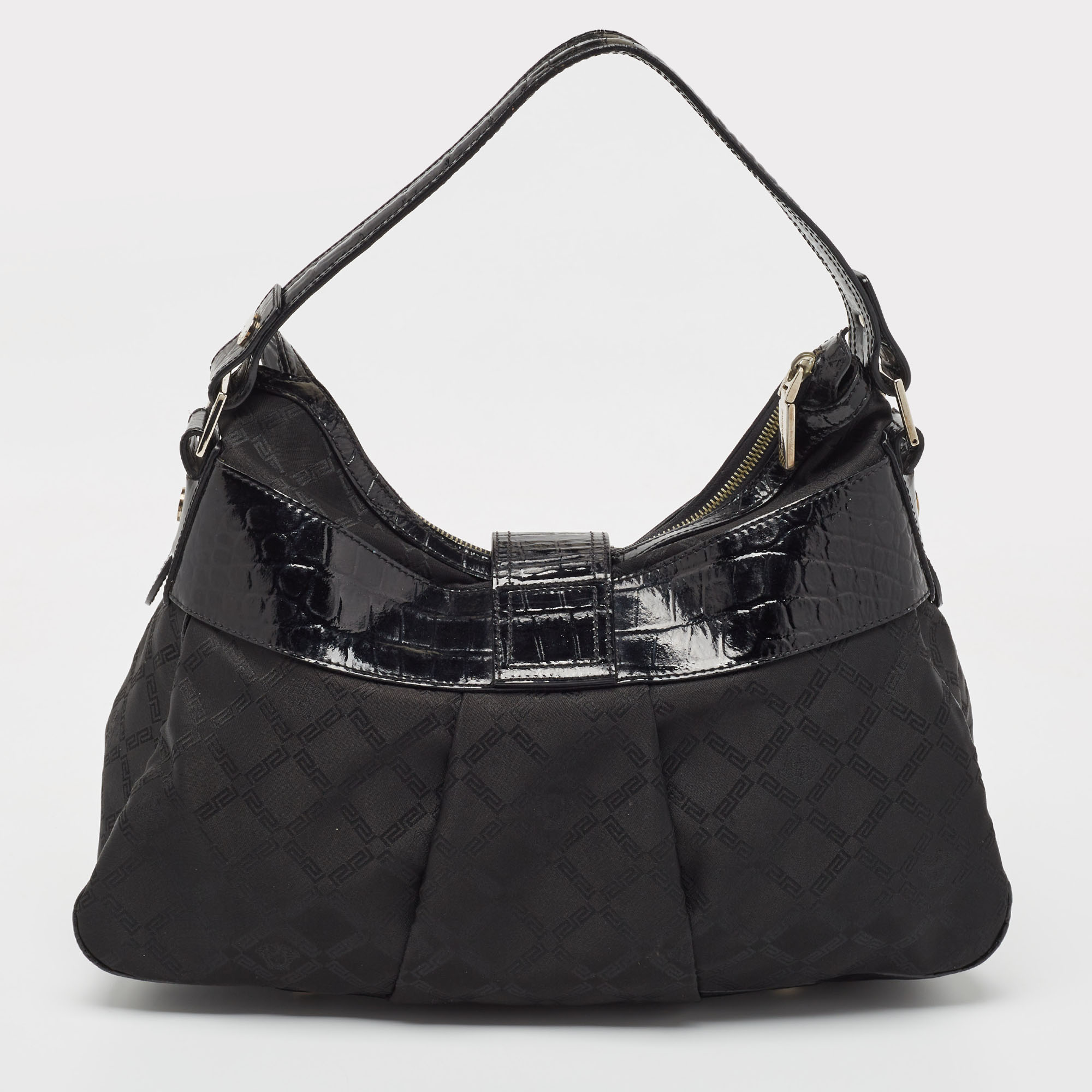 Versace Black Quilted Nylon And Croc Embossed Patent Leather Logo Hobo