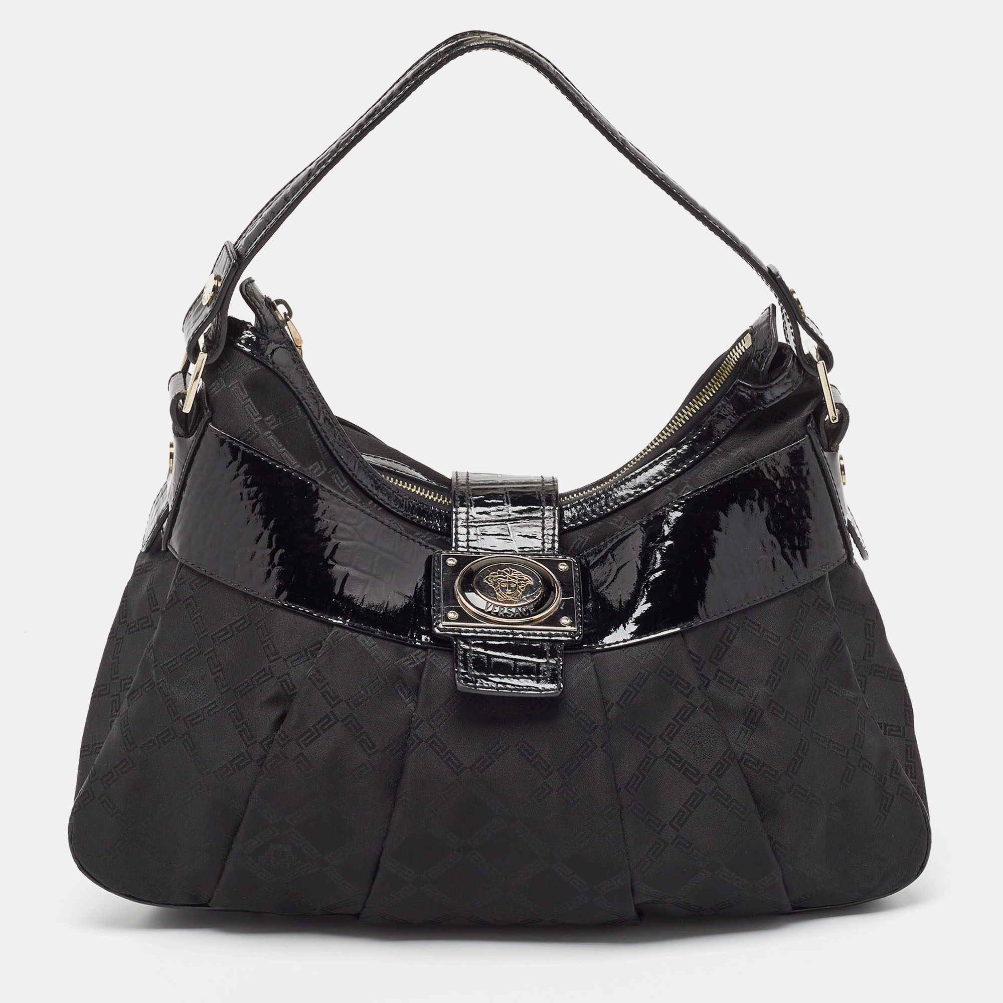 Versace black quilted nylon and croc embossed patent leather logo hobo