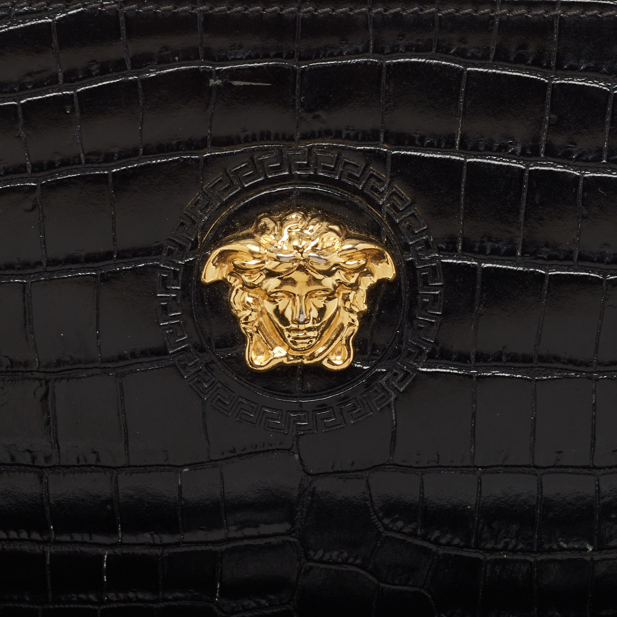 Versace Black Croc Embossed Leather La Medusa Wristlet Pouch