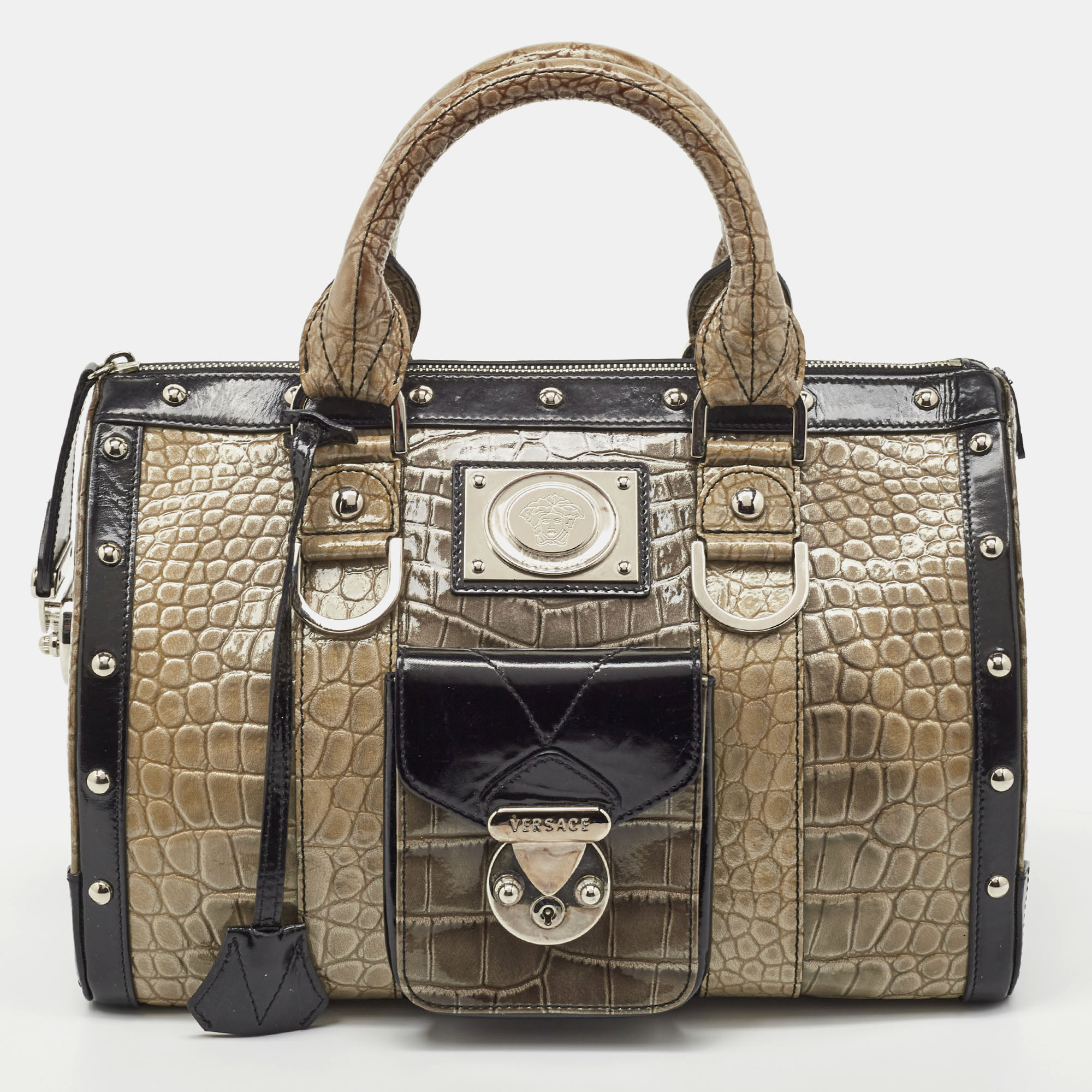 Versace black/beige croc embossed and patent leather studded madonna satchel