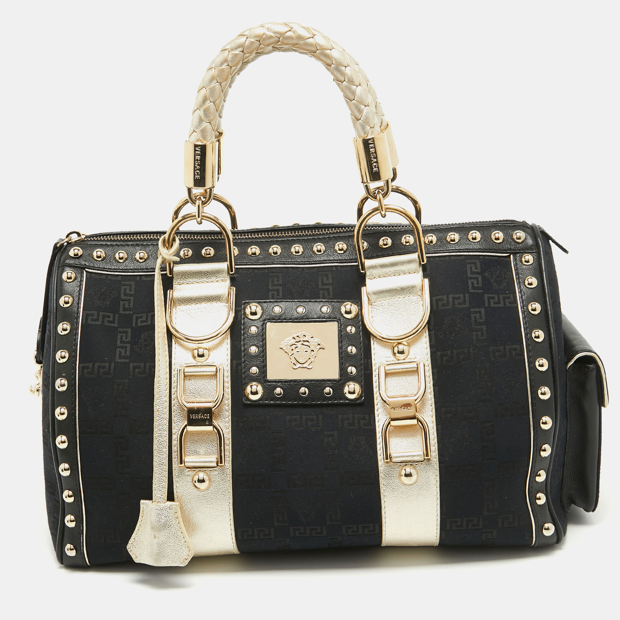 Versace black/gold signature fabric and leather studded snap out of it satchel