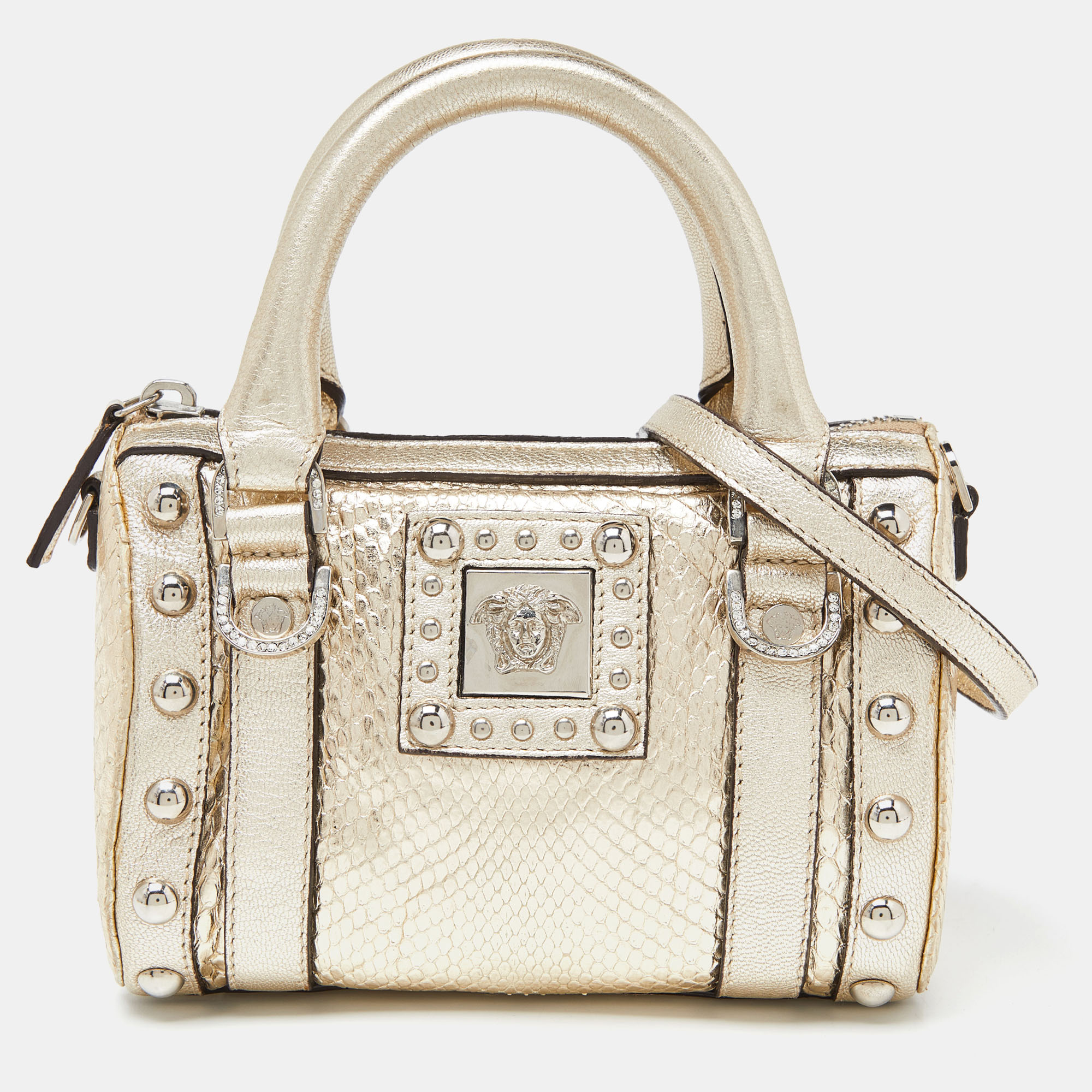 Versace gold snakeskin leather snap out of it crossbody bag