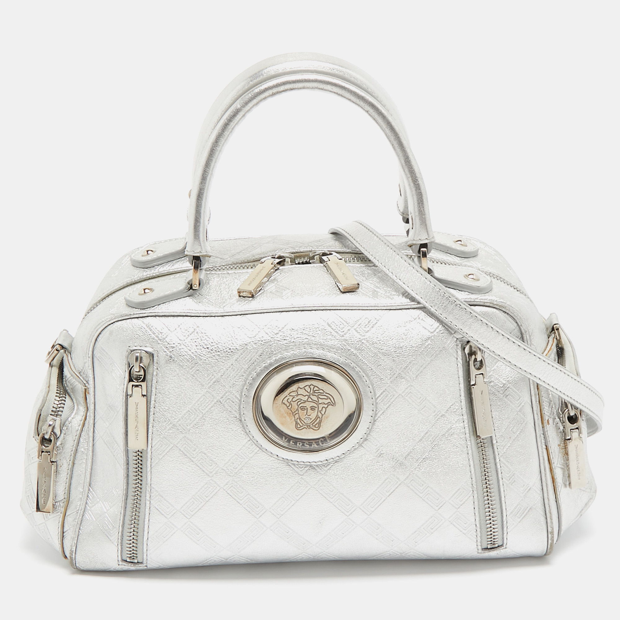 Versace silver monogram embossed leather multi pocket medusa satchel