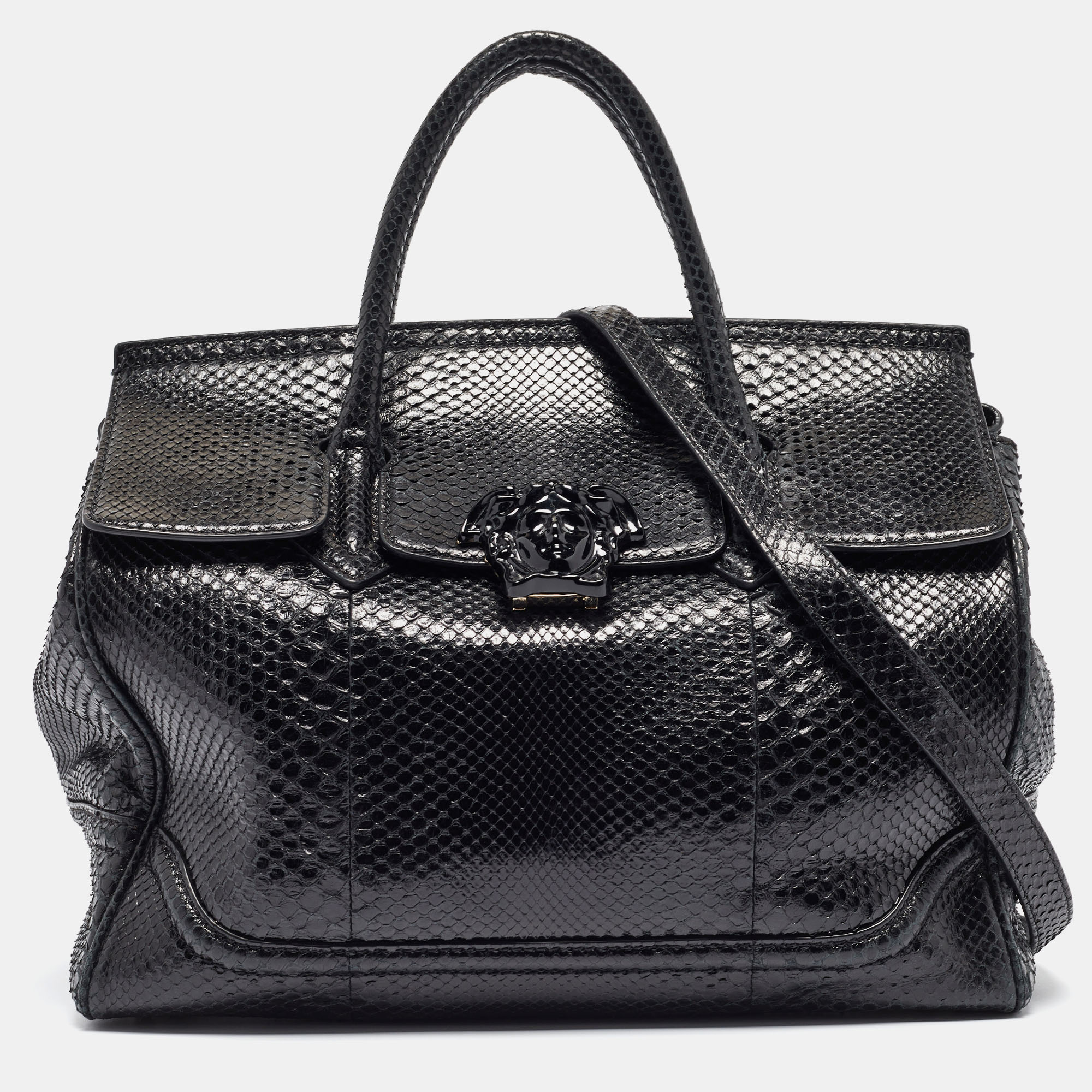 Versace black water snakeskin leather empire palazzo tote
