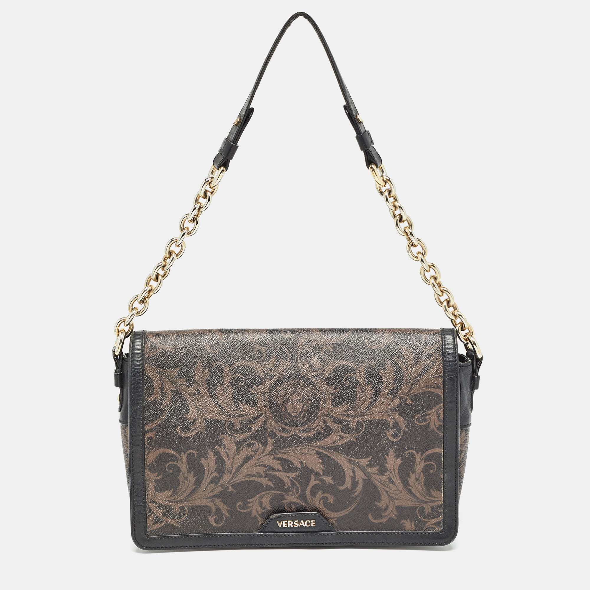 Versace black/brown baroque print coated canvas and leather flap chain bag