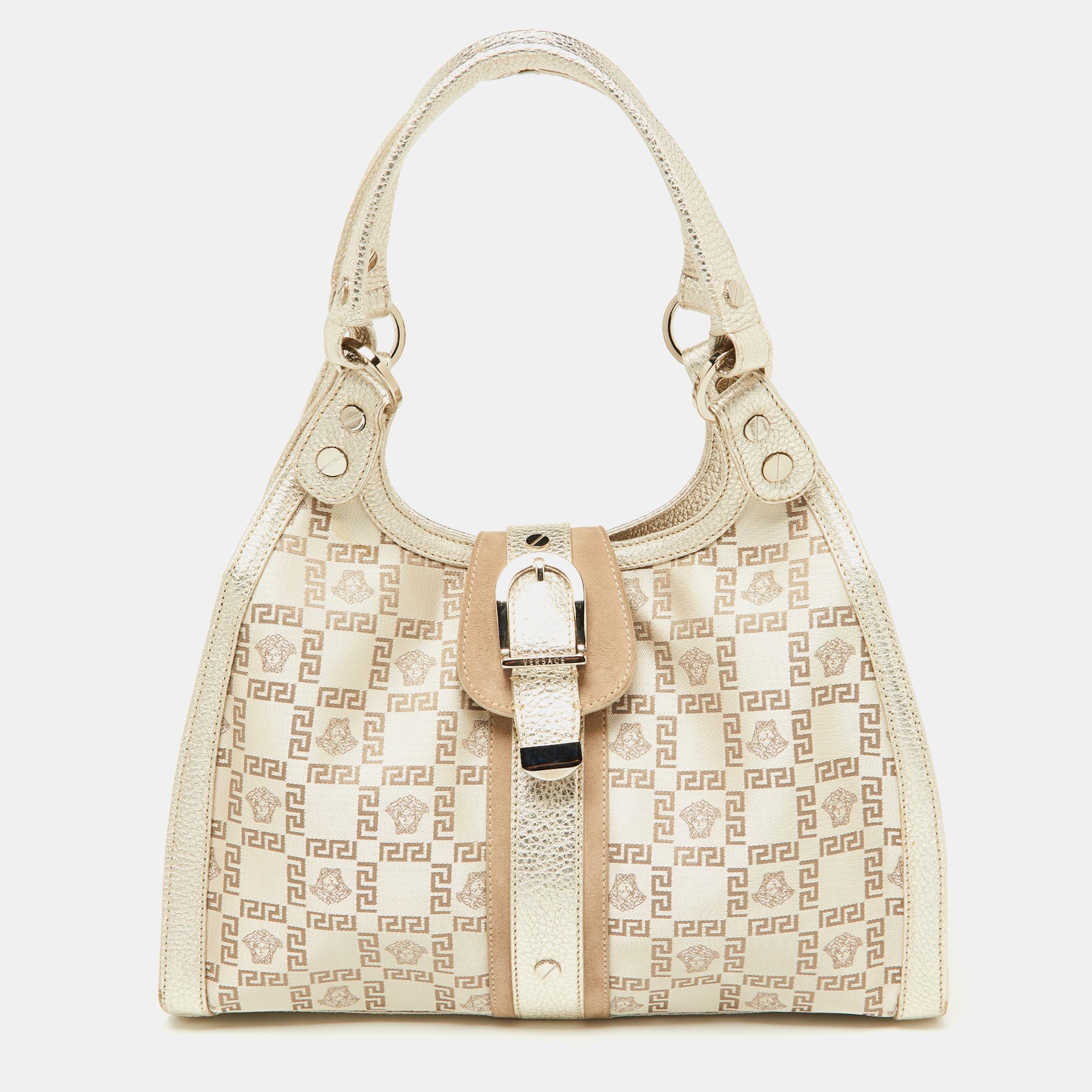 Versace beige metallic gold monogram canvas, leather and suede satchel