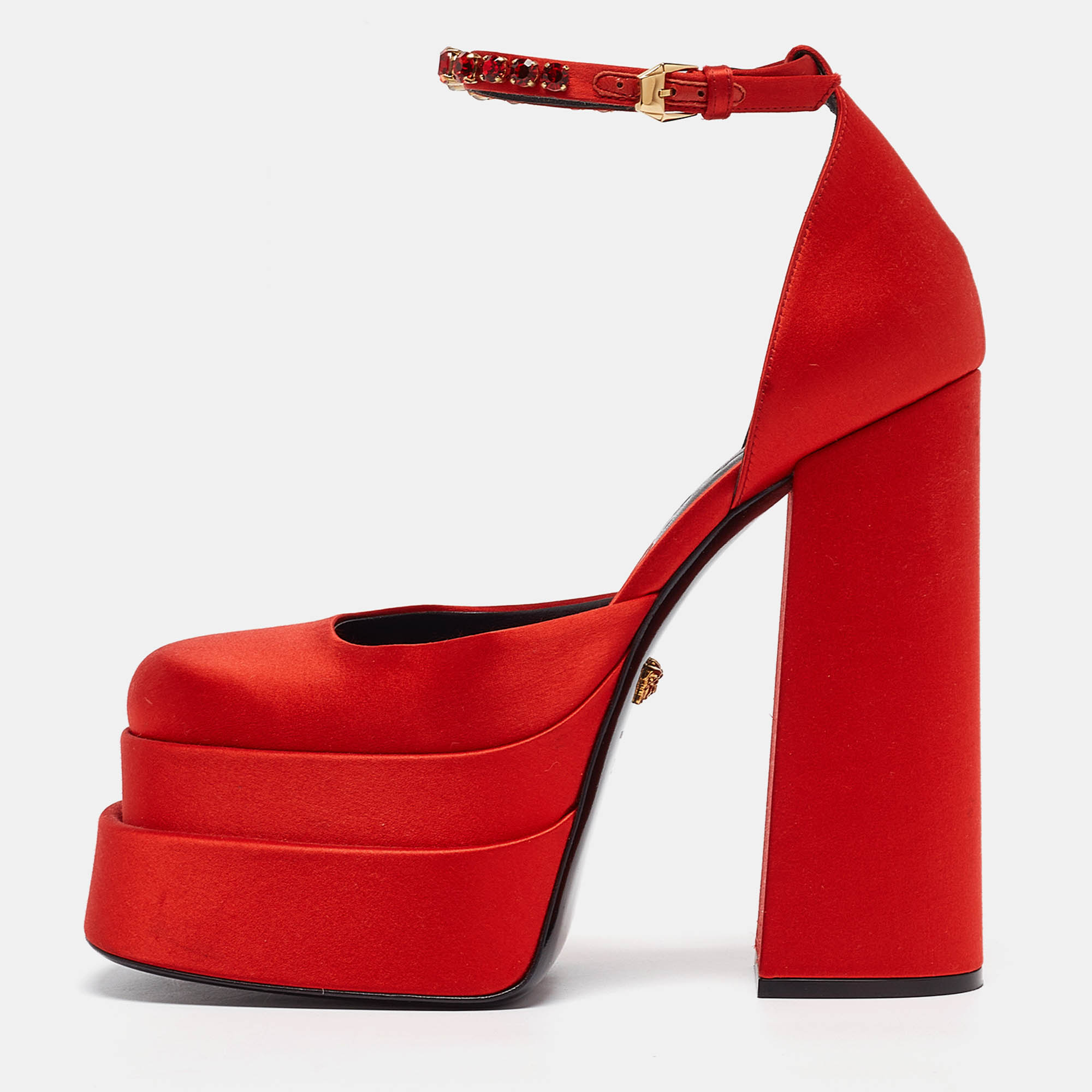 Versace red satin platform ankle strap sandals size 39.5