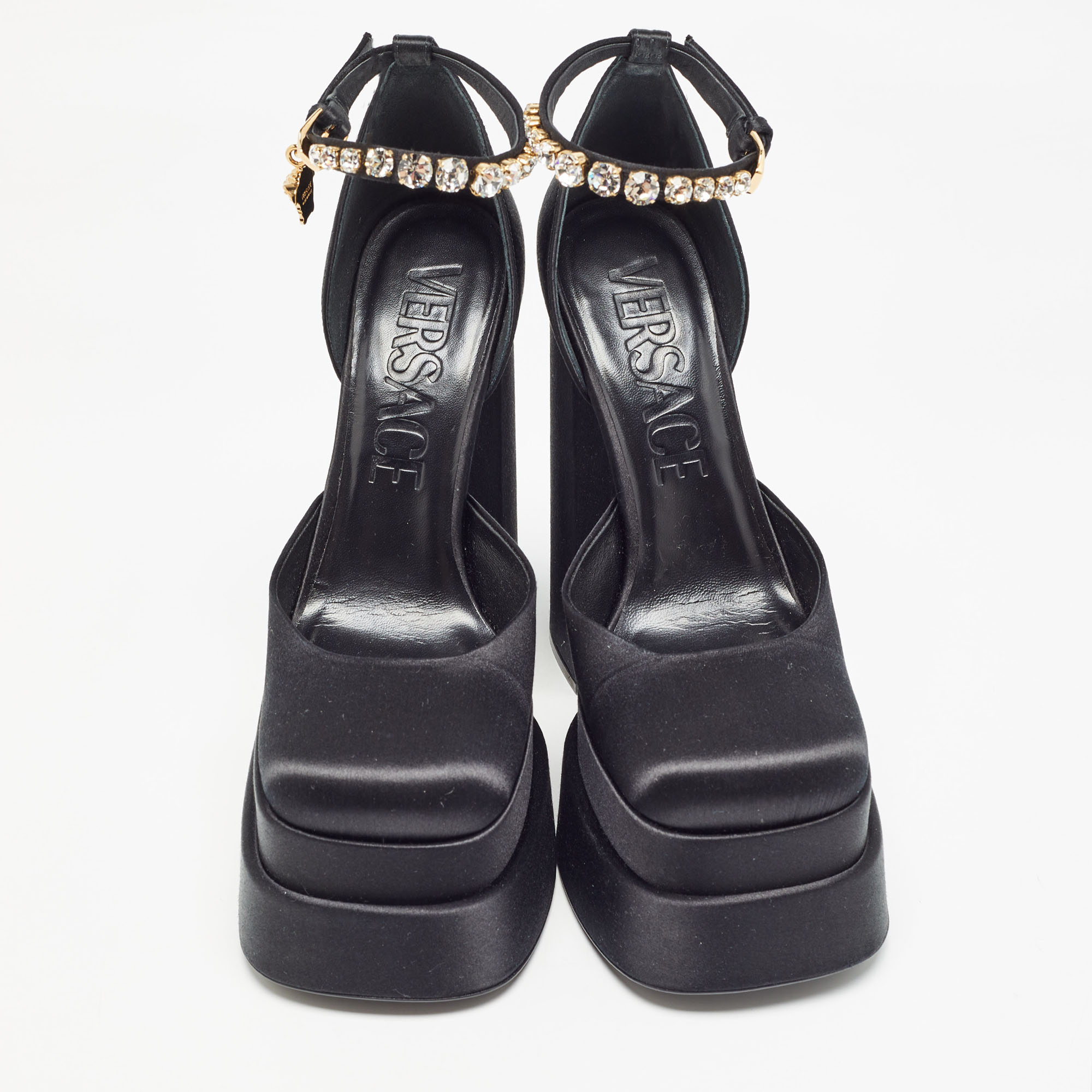 Versace Black Satin Aevitas Crystal Embellished Platform Block Heel Ankle Strap Pumps Size 39