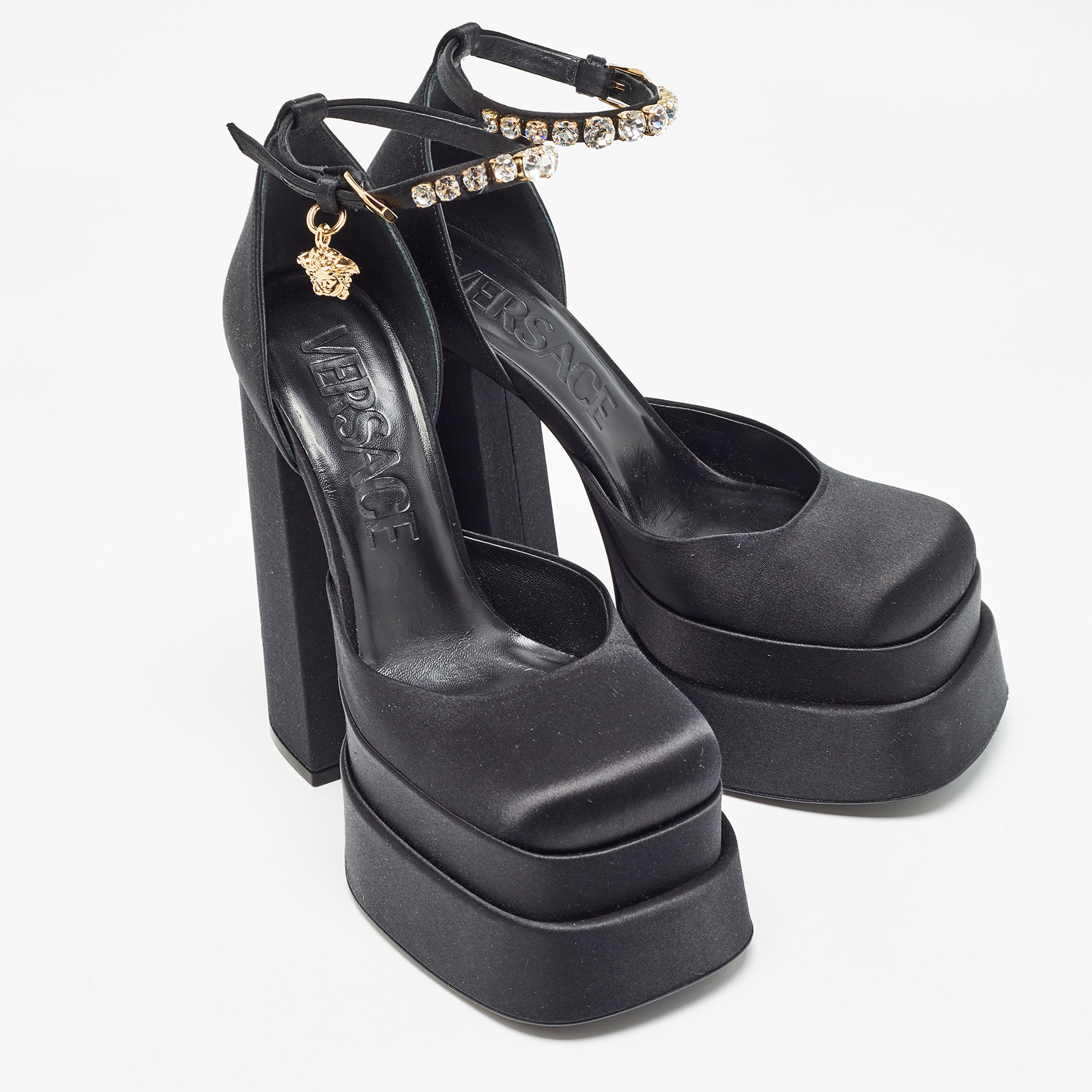 Versace Black Satin Aevitas Crystal Embellished Platform Block Heel Ankle Strap Pumps Size 39