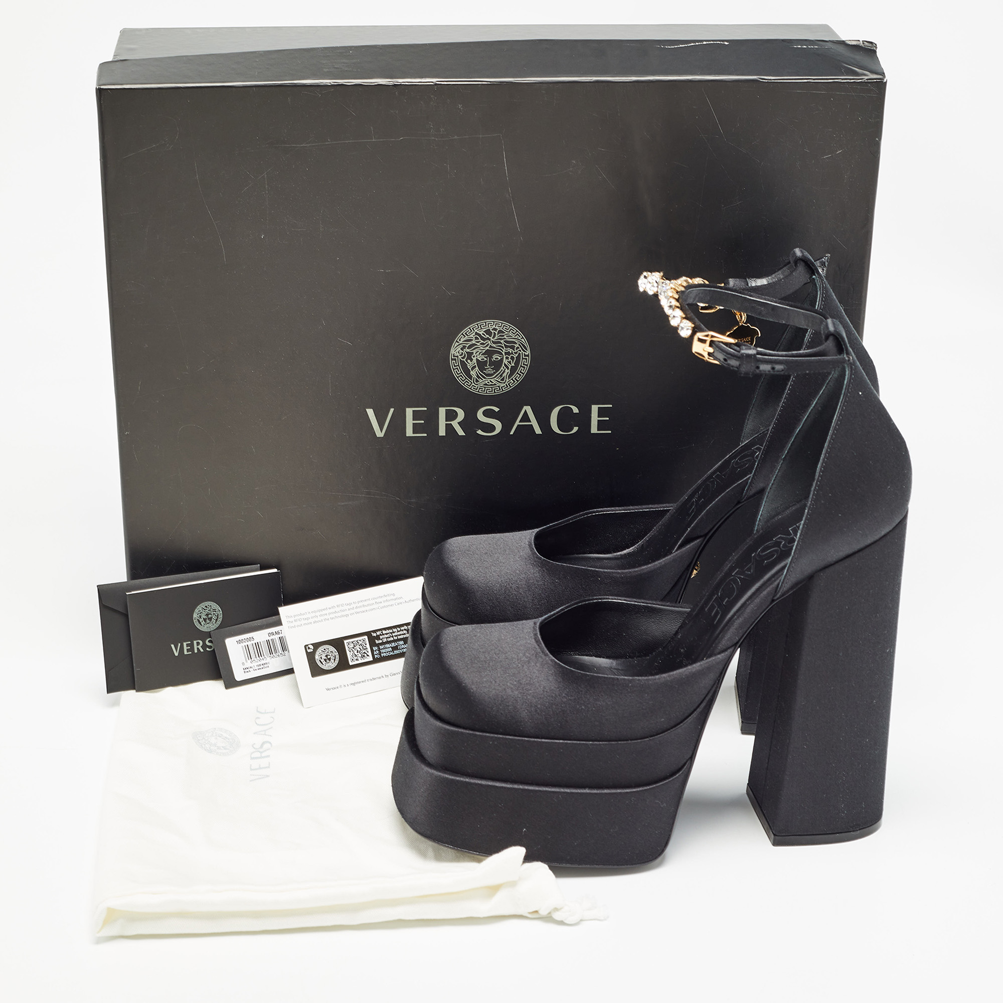 Versace Black Satin Aevitas Crystal Embellished Platform Block Heel Ankle Strap Pumps Size 39