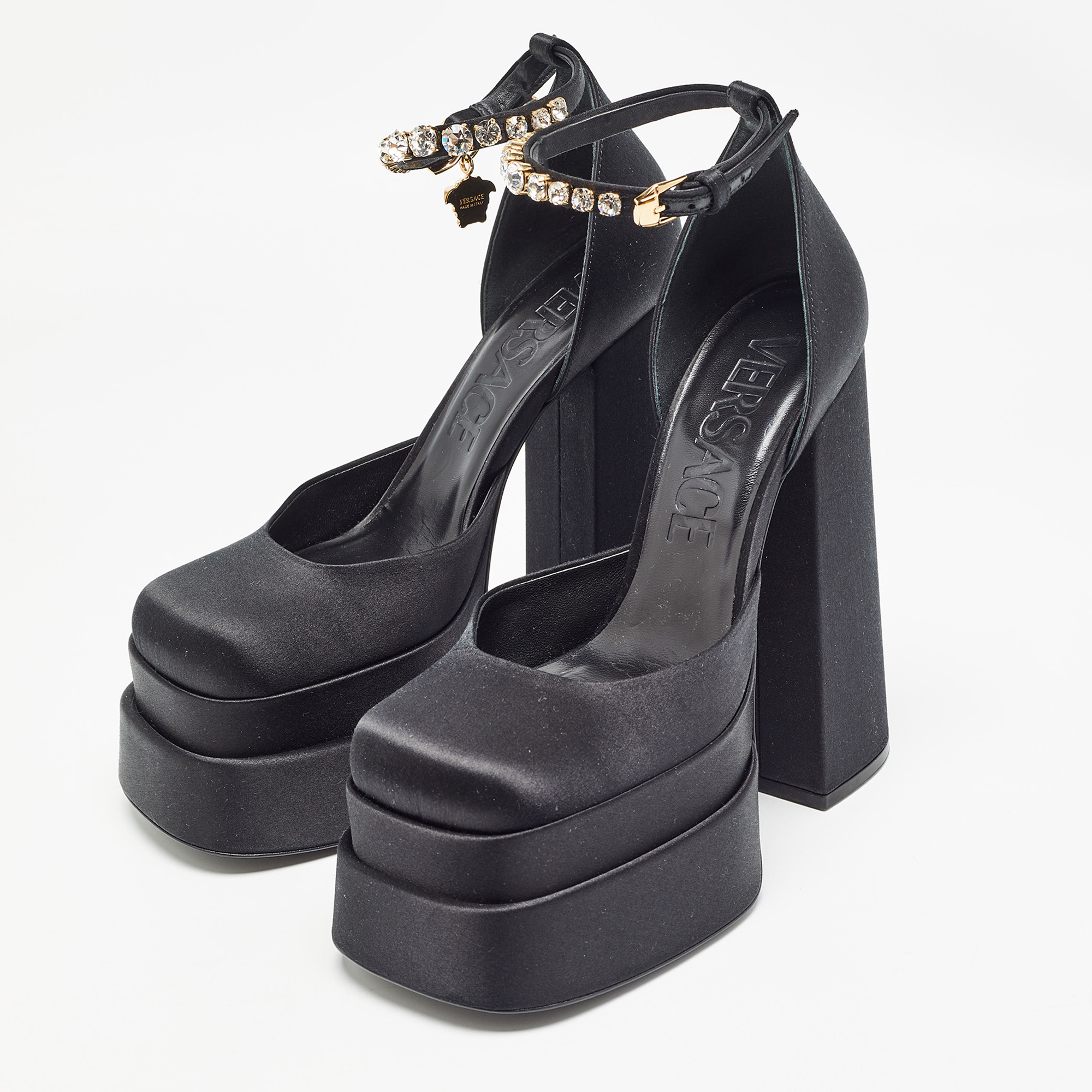 Versace Black Satin Aevitas Crystal Embellished Platform Block Heel Ankle Strap Pumps Size 39