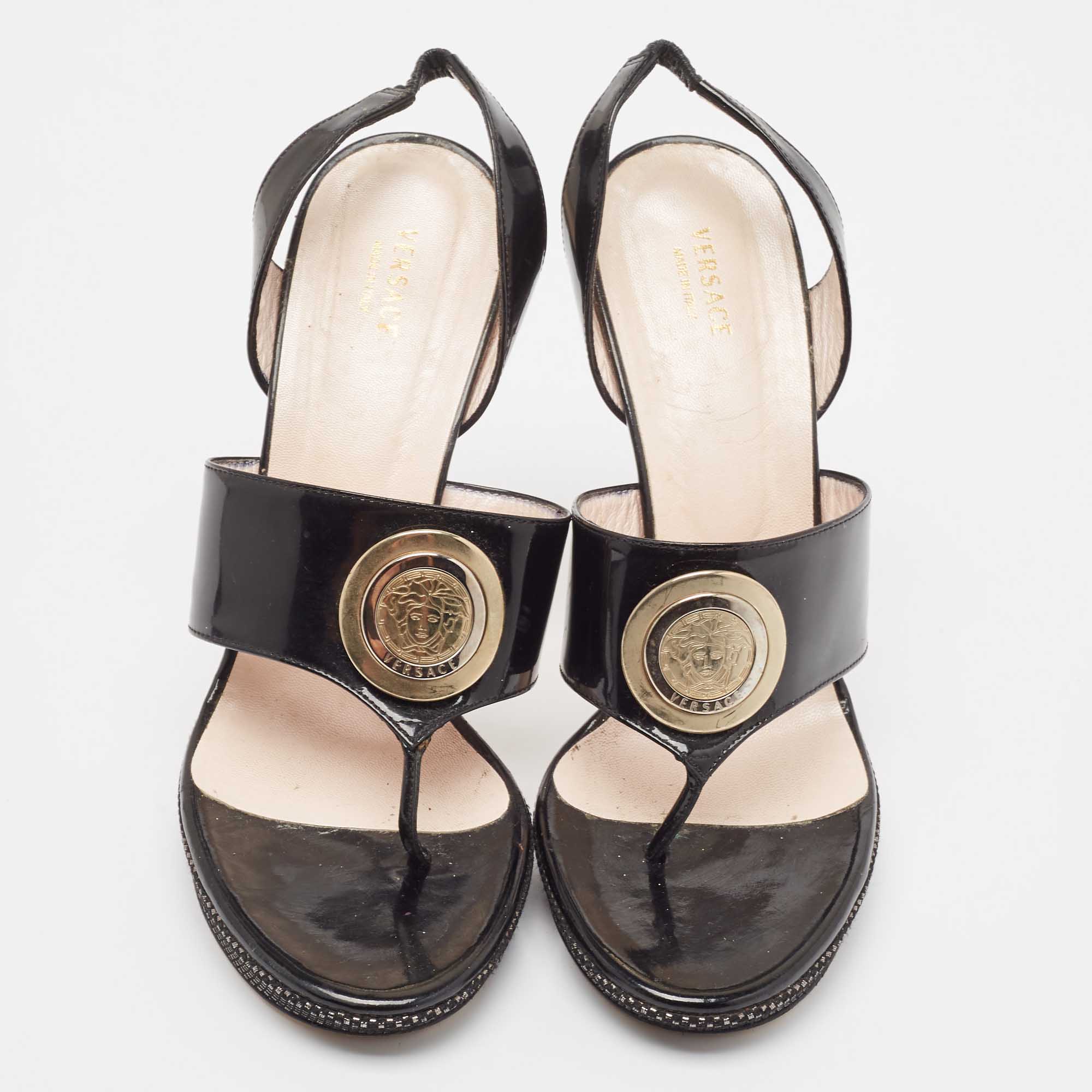 Versace Black Patent Leather Medusa Slingback Sandals Size 38