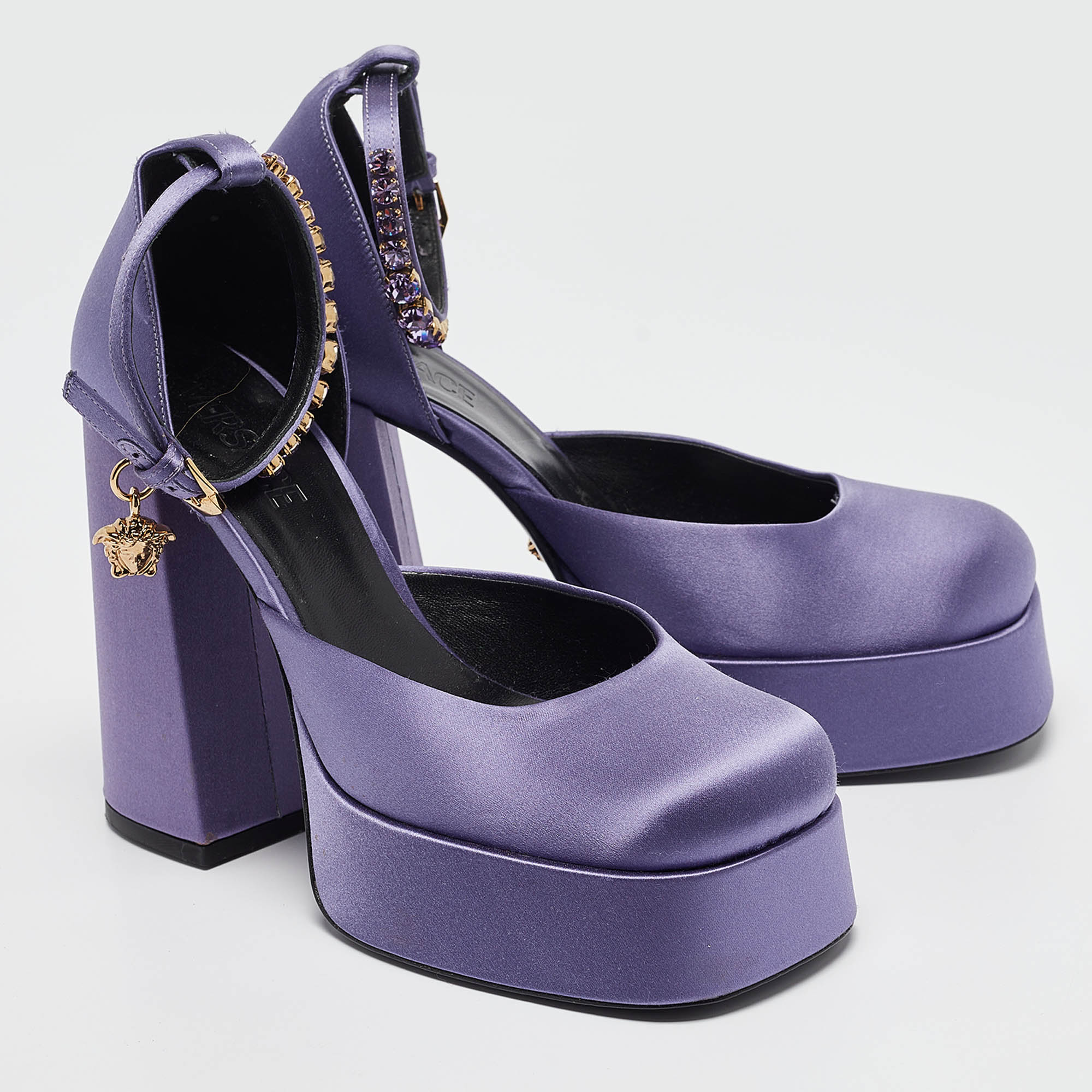 Versace Purple Satin Aevitas Platform Ankle Wrap Pumps Size 39