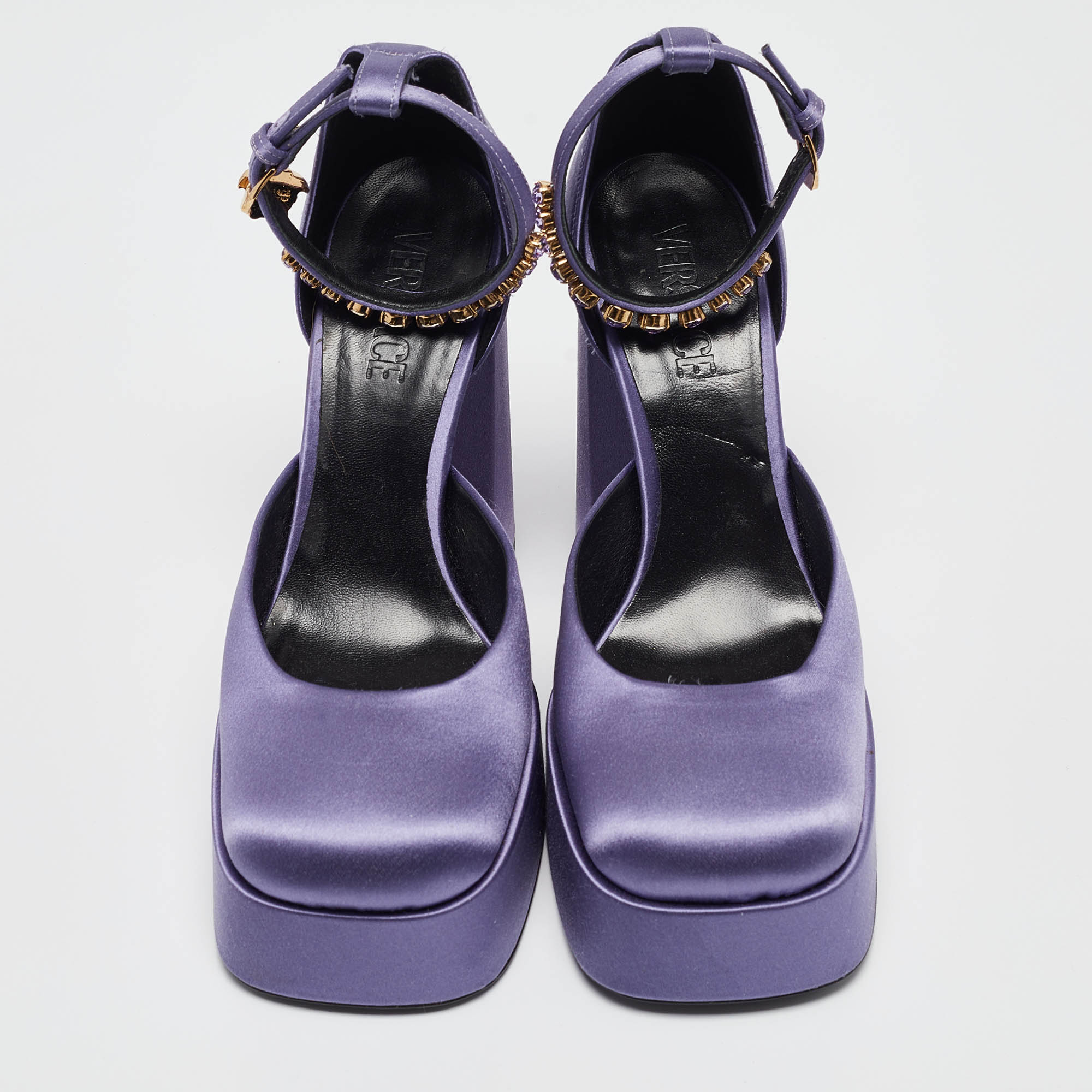 Versace Purple Satin Aevitas Platform Ankle Wrap Pumps Size 39