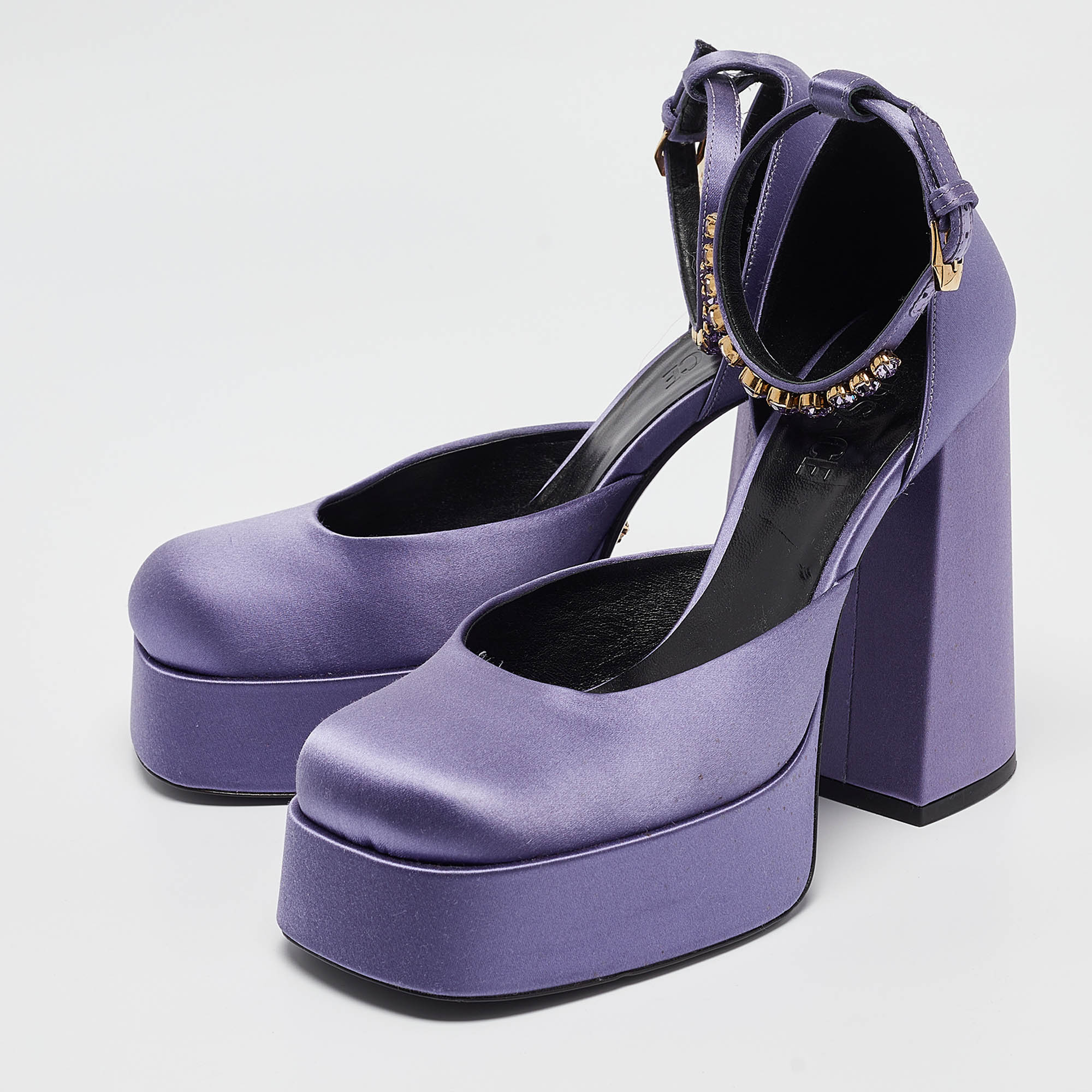 Versace Purple Satin Aevitas Platform Ankle Wrap Pumps Size 39