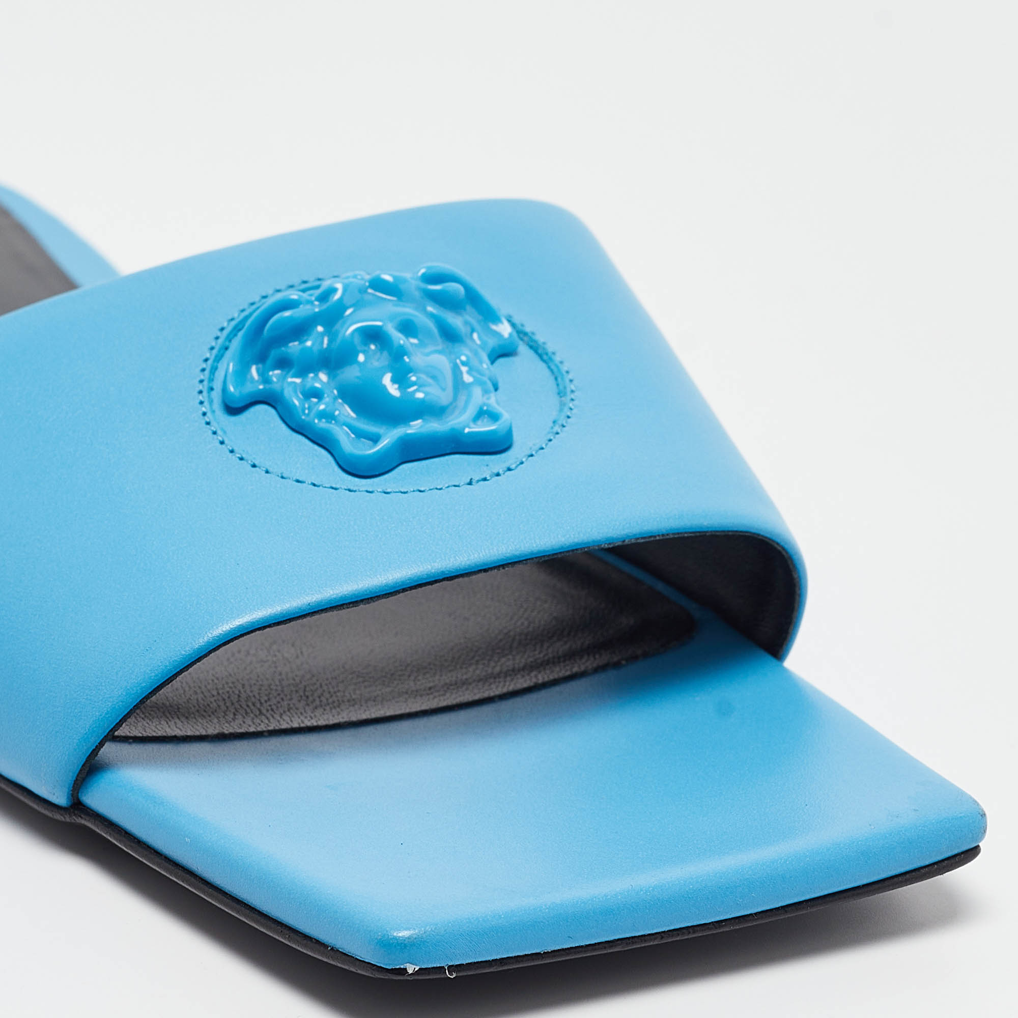 Versace Blue Leather Flat Slides Size 38