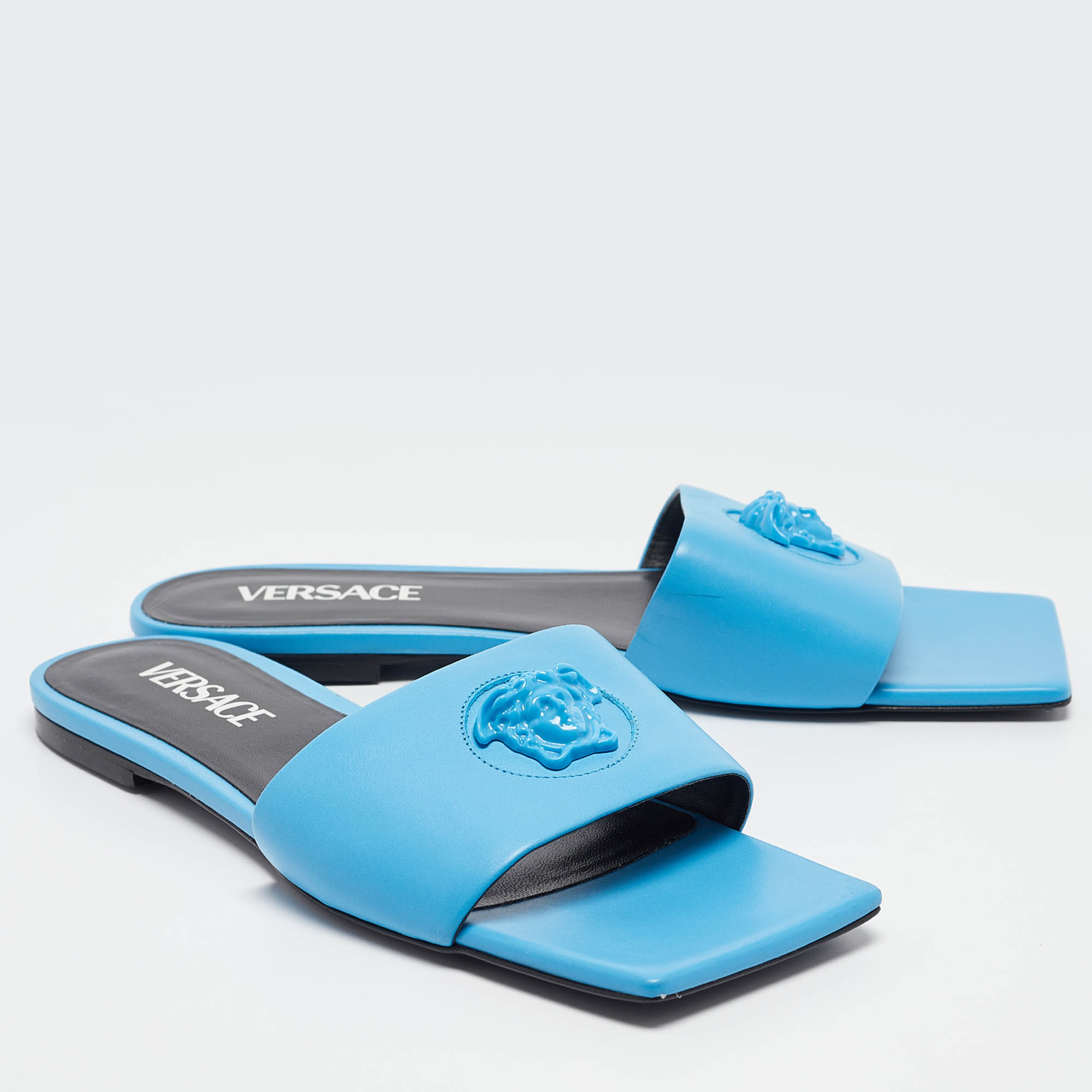 Versace Blue Leather Flat Slides Size 38