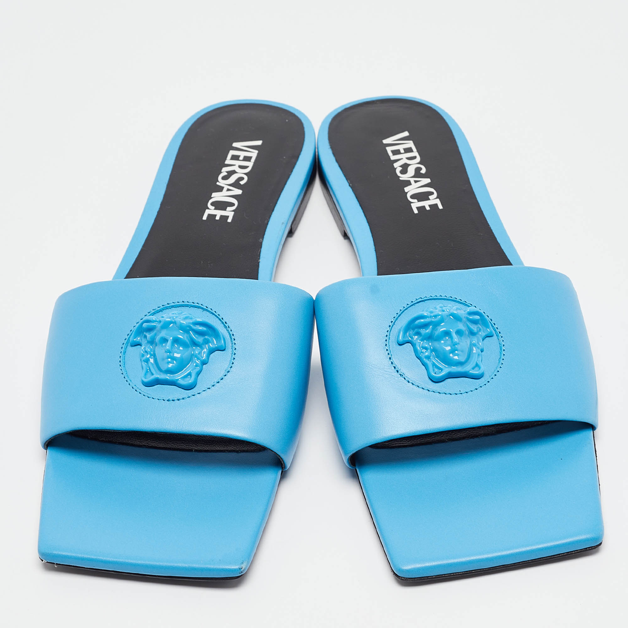 Versace Blue Leather Flat Slides Size 38