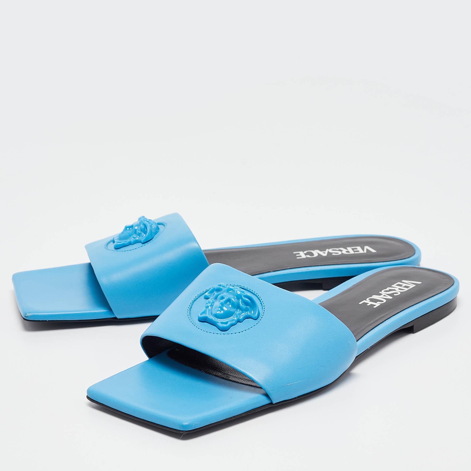 Versace Blue Leather Flat Slides Size 38