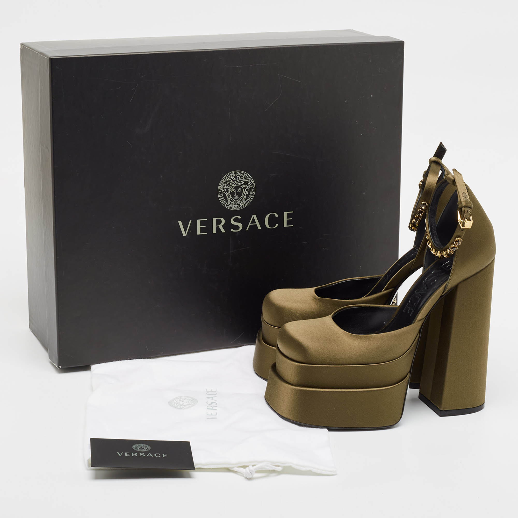 Versace Khaki Green Satin Crystal Embellished Aevitas Pumps Size 37