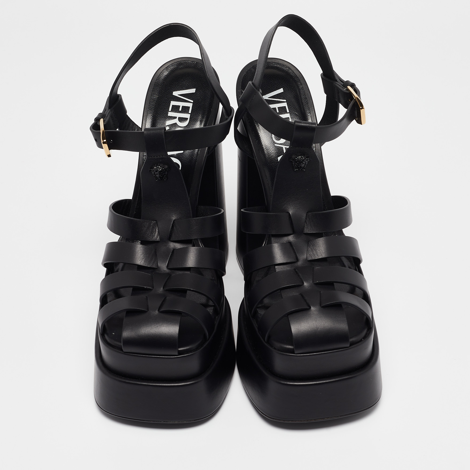 Versace Black Leather La Medusa Platform Sandals Size 40