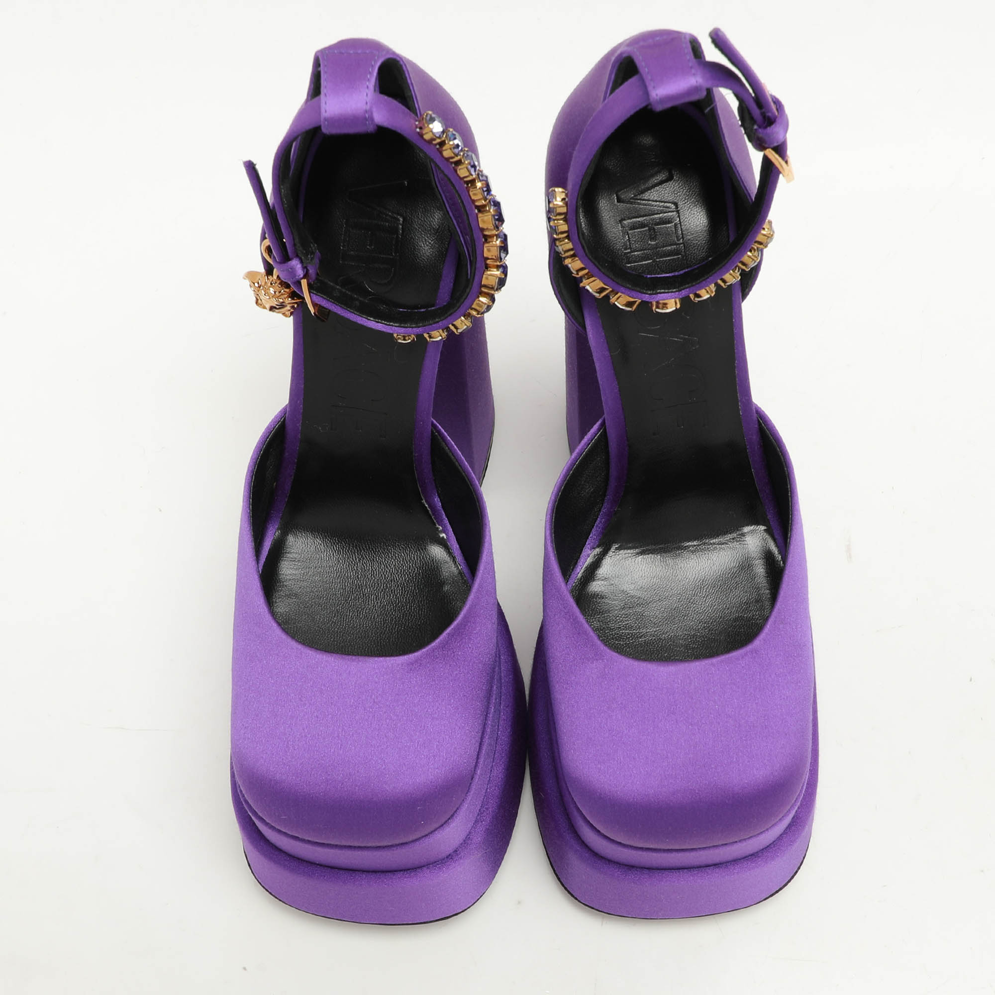 Versace Purple Satin Medusa Aevitas Double Platform Pumps Size 36