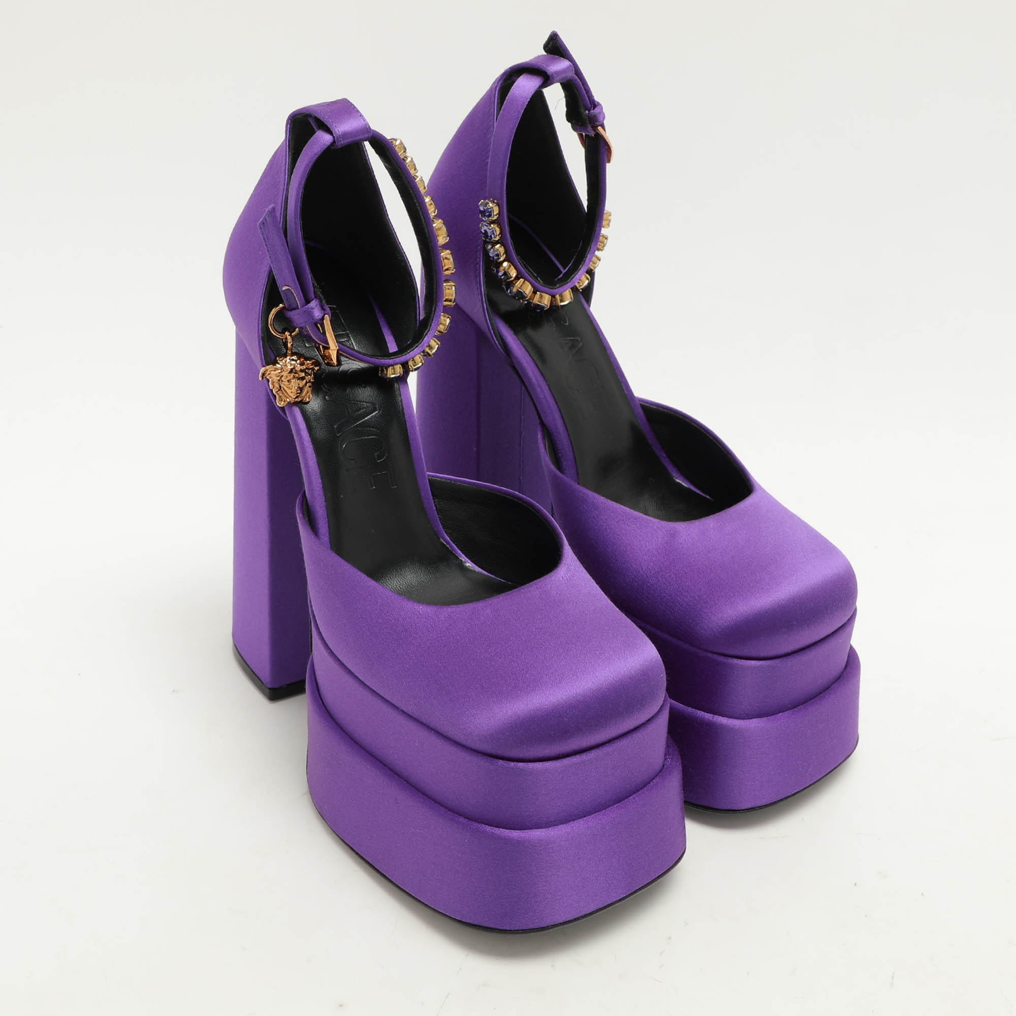 Versace Purple Satin Medusa Aevitas Double Platform Pumps Size 36