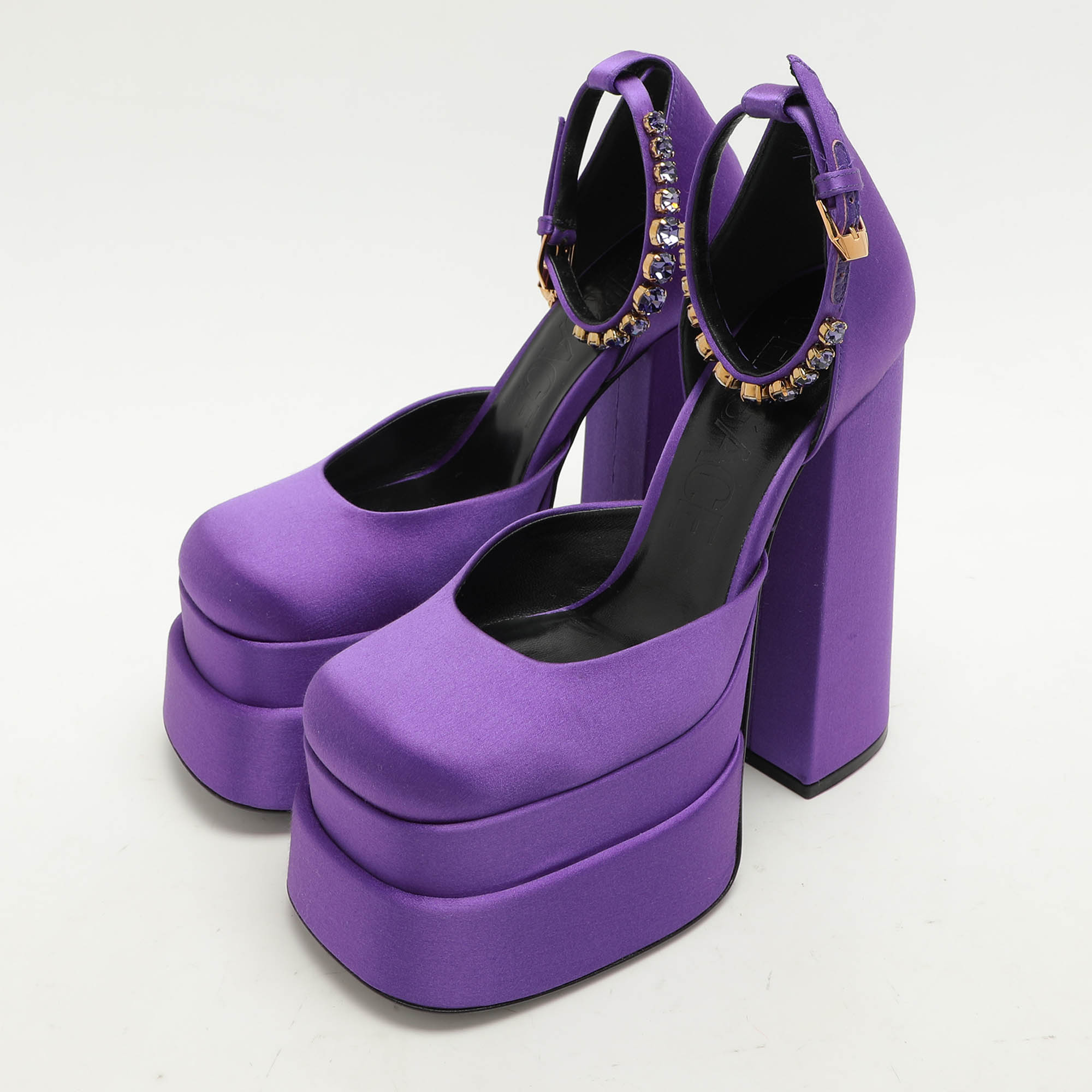 Versace Purple Satin Medusa Aevitas Double Platform Pumps Size 36