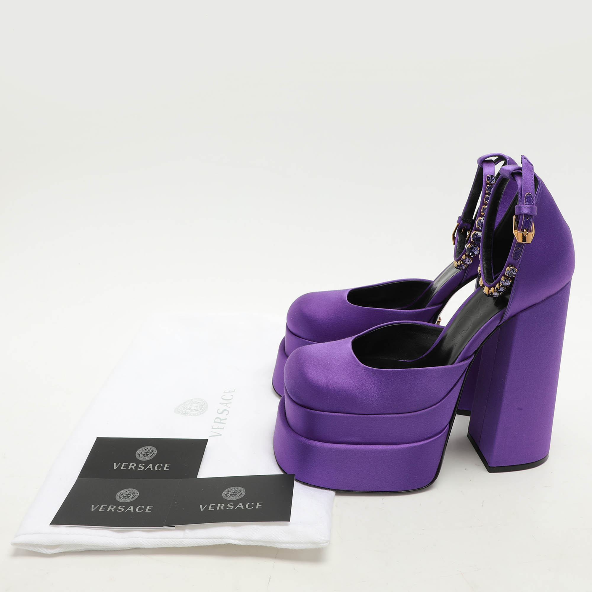 Versace Purple Satin Medusa Aevitas Double Platform Pumps Size 36