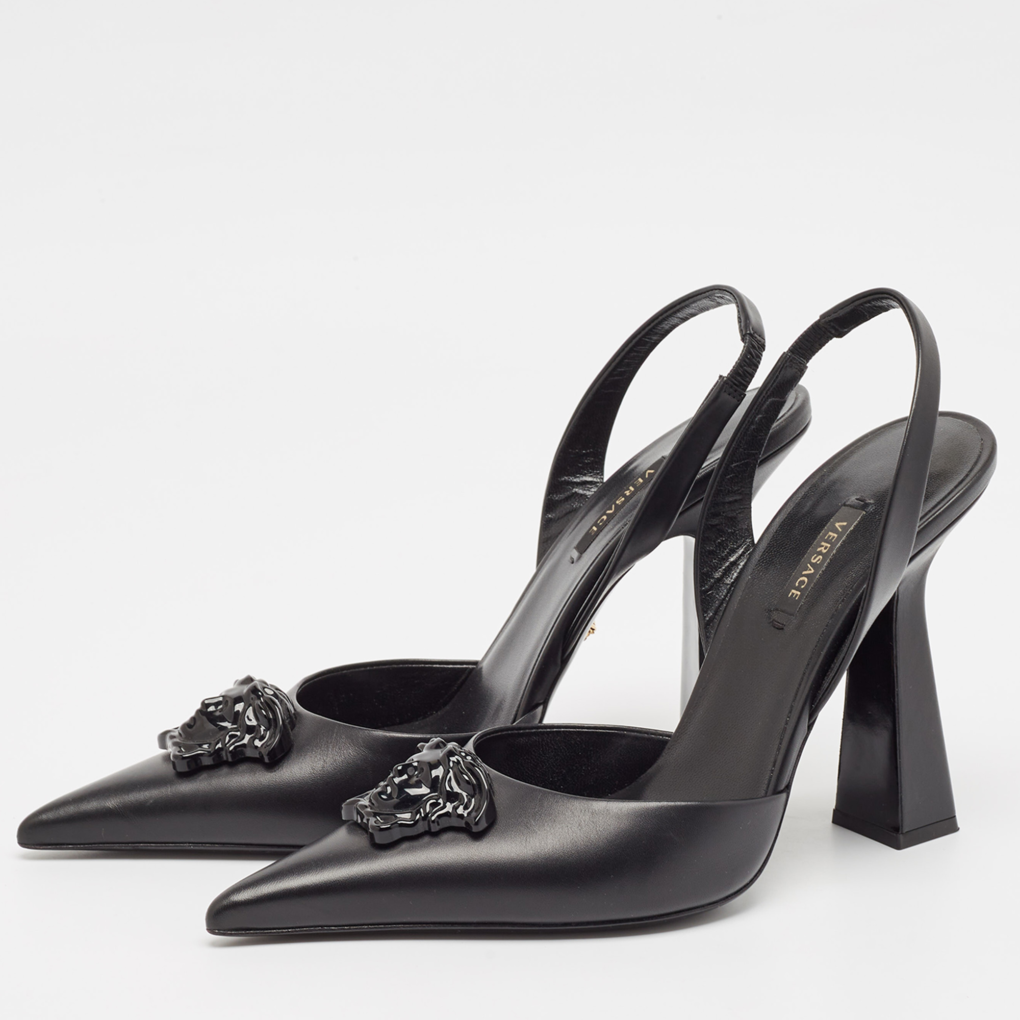 Versace Black Leather La Medusa Slingback Pumps Size 40