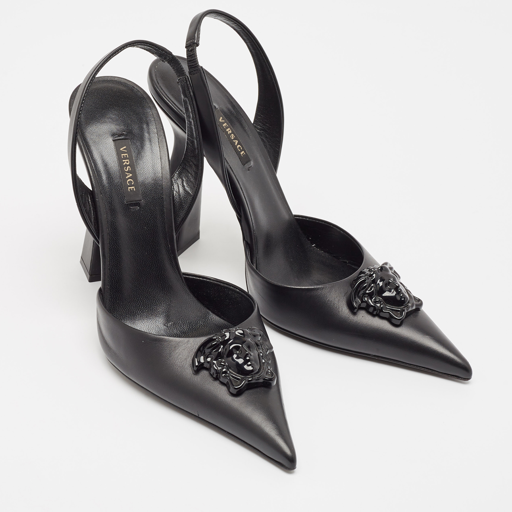 Versace Black Leather La Medusa Slingback Pumps Size 40