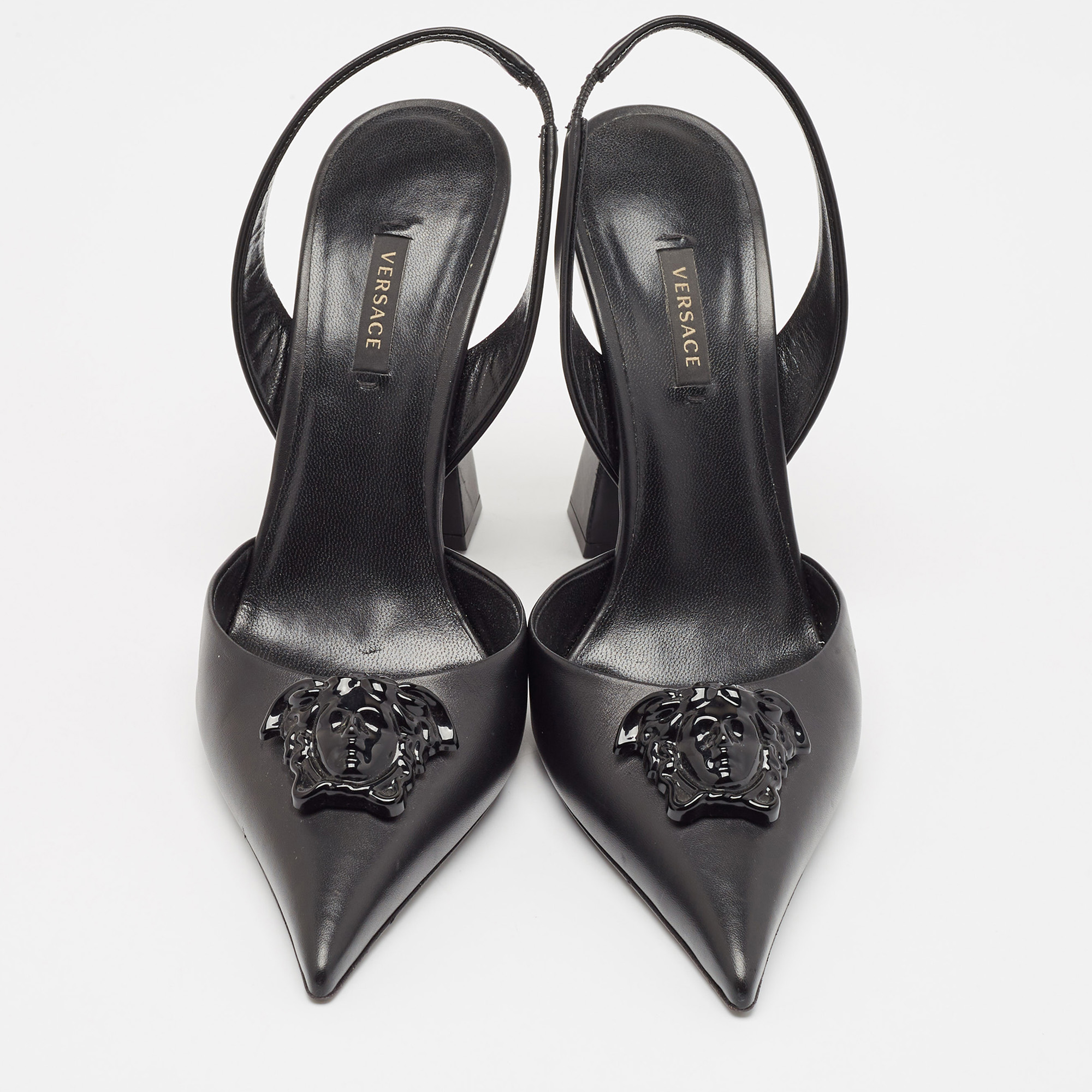 Versace Black Leather La Medusa Slingback Pumps Size 40