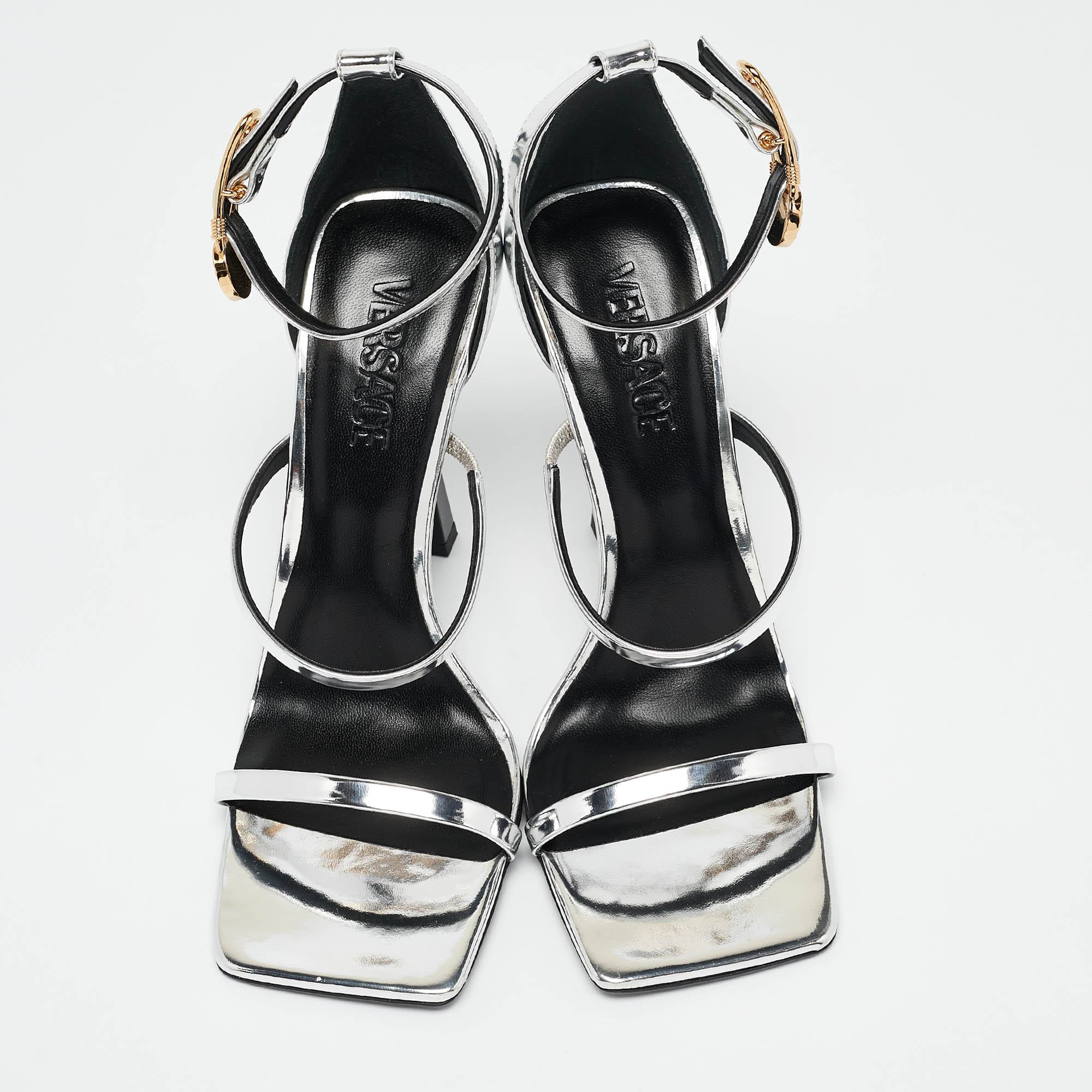 Versace Silver Leather Safety Pin Ankle Strap Sandals Size 39