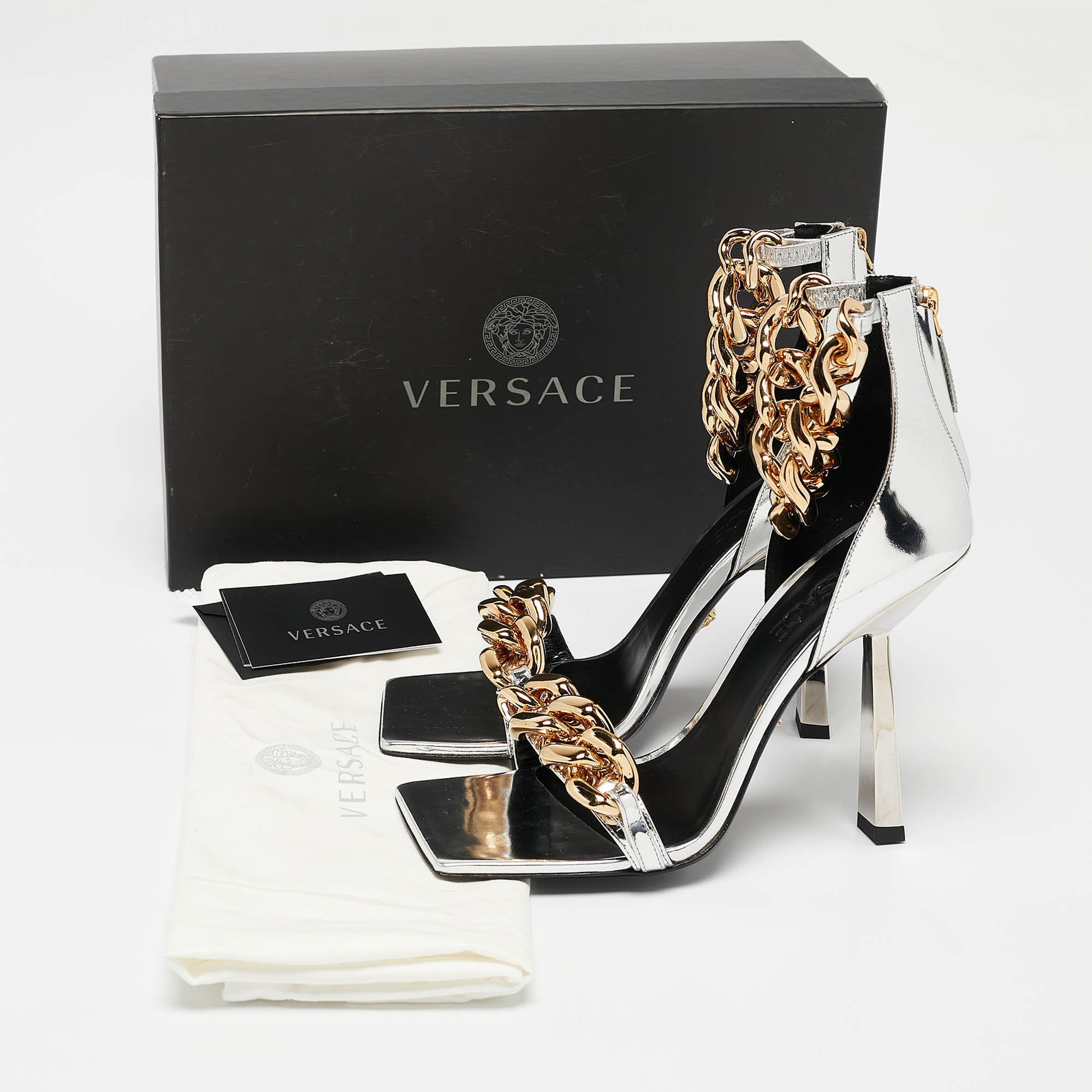 Versace Silver Leather Medusa Chain Link Ankle Strap Sandals Size 39