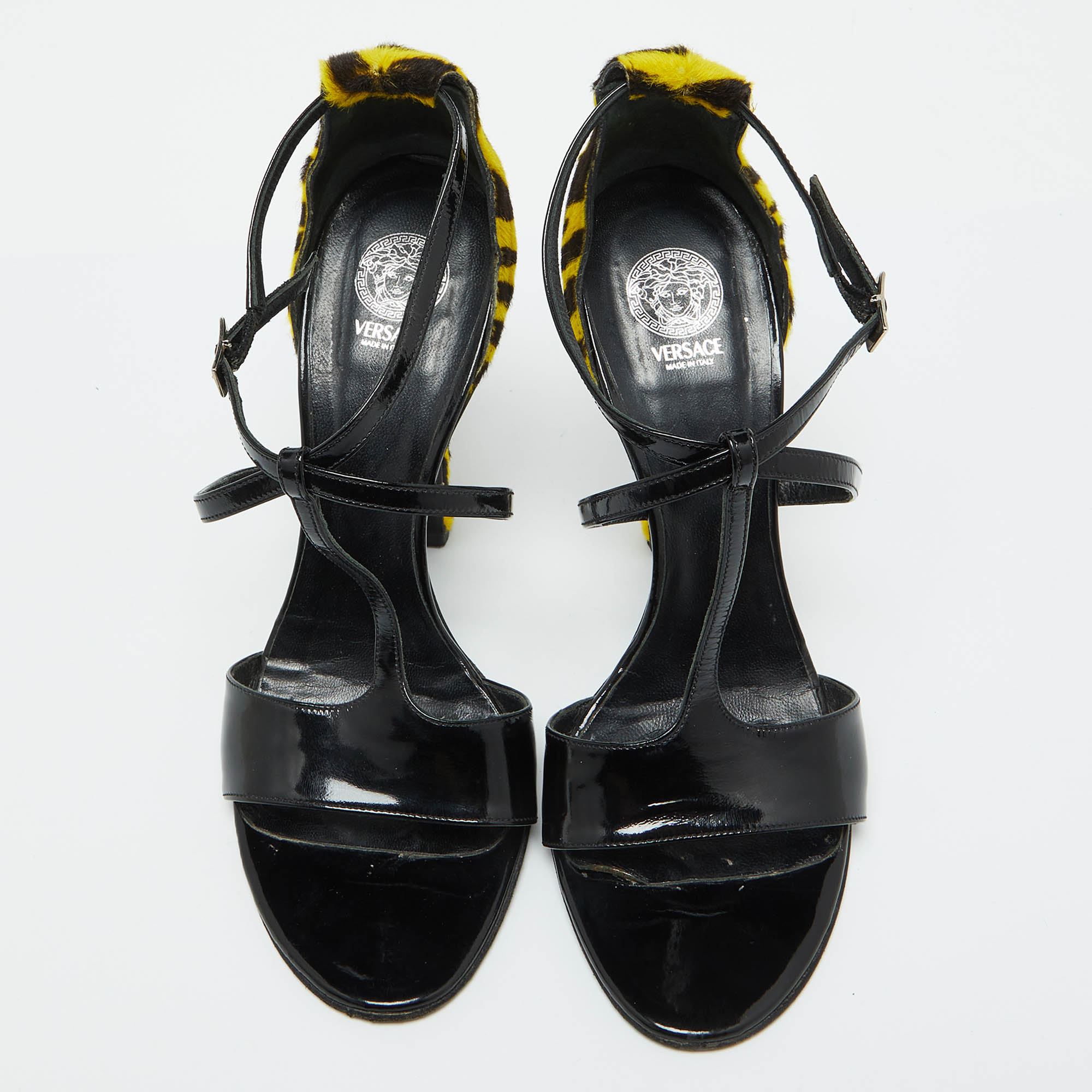 Versace Black Patent Leather And Animal Print Calf Hair Sandals Size 38.5